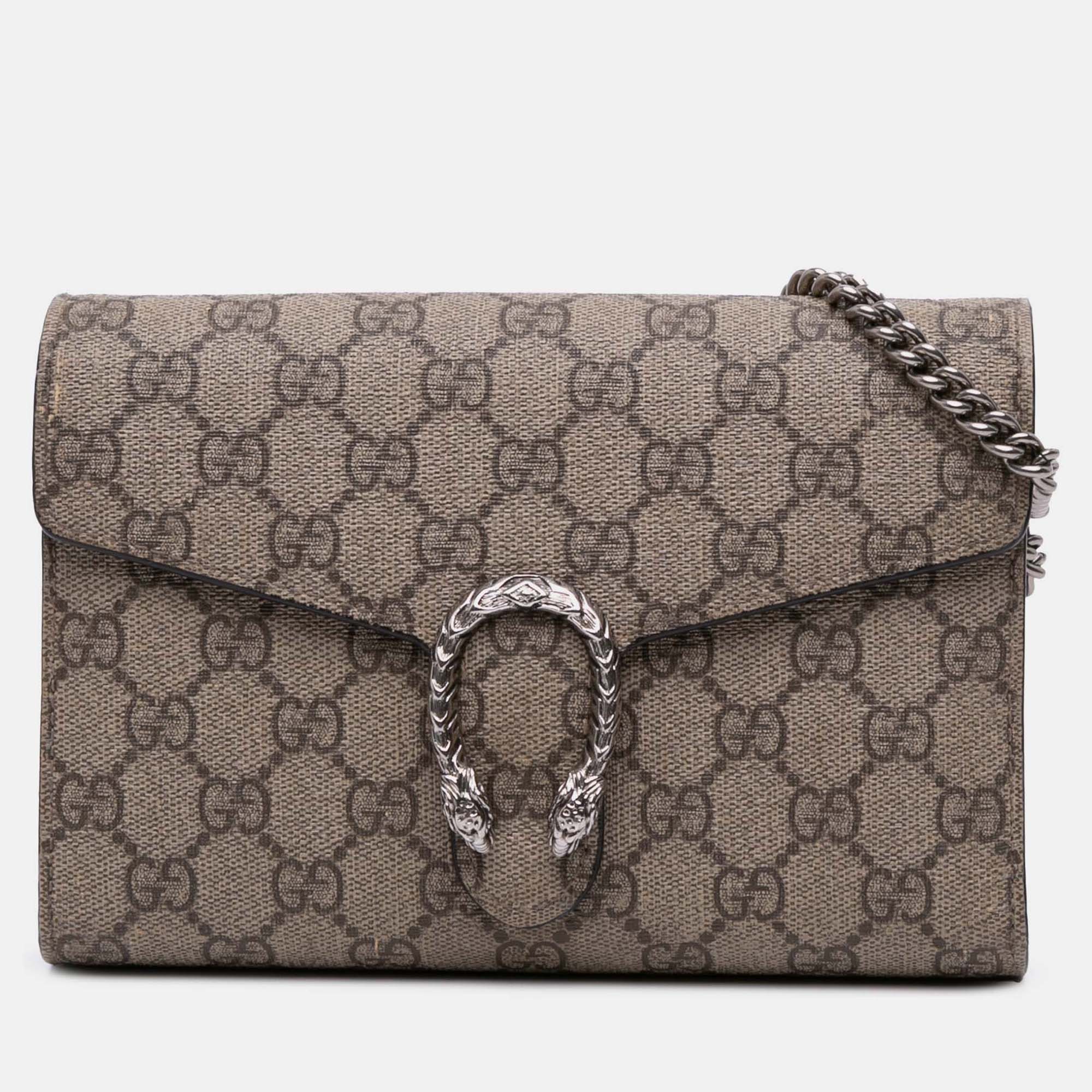 Pre-owned Gucci Brown Gg Supreme Dionysus Chain Wallet