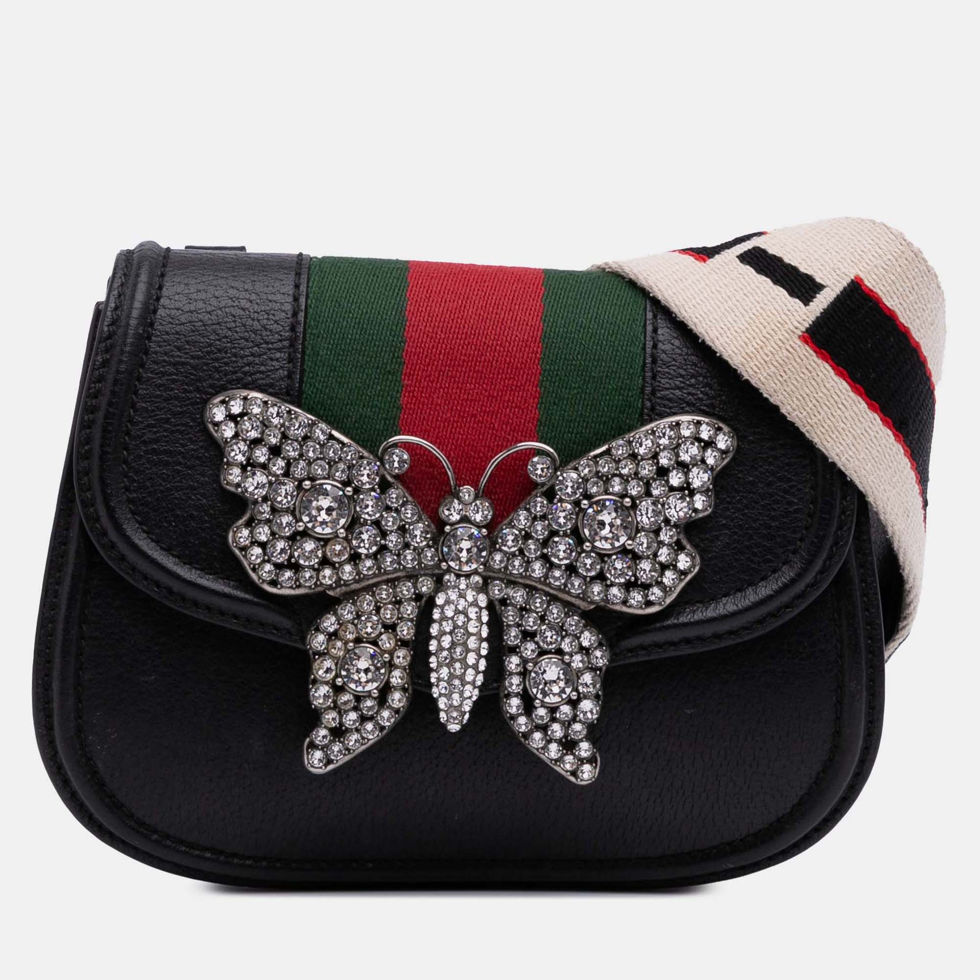 Pre-owned Gucci Black Small Leather Linea Totem Crystal Butterfly Crossbody