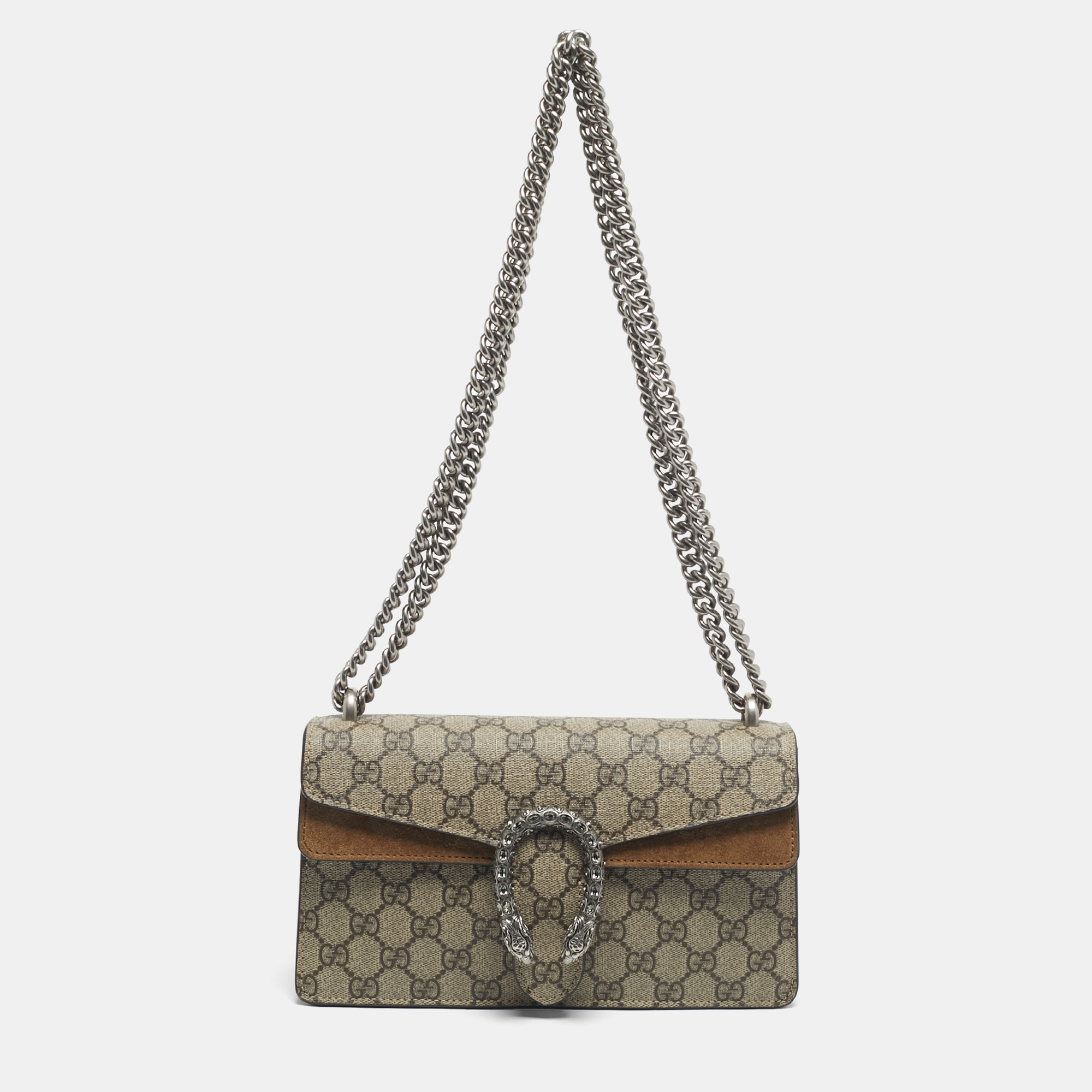 Pre-owned Gucci Beige Gg Supreme Canvas And Suede Mini Dionysus Shoulder Bag In Sand