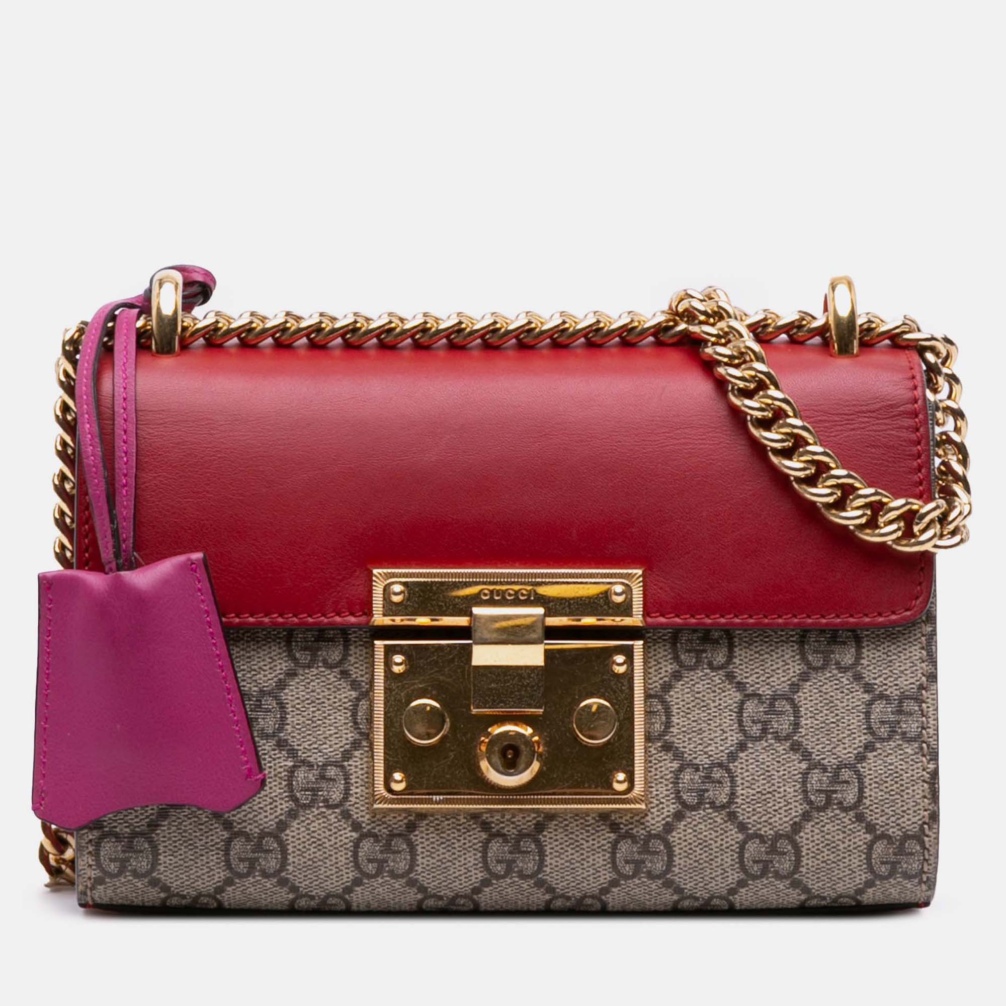 

Gucci Brown Red Small GG Supreme Padlock Crossbody