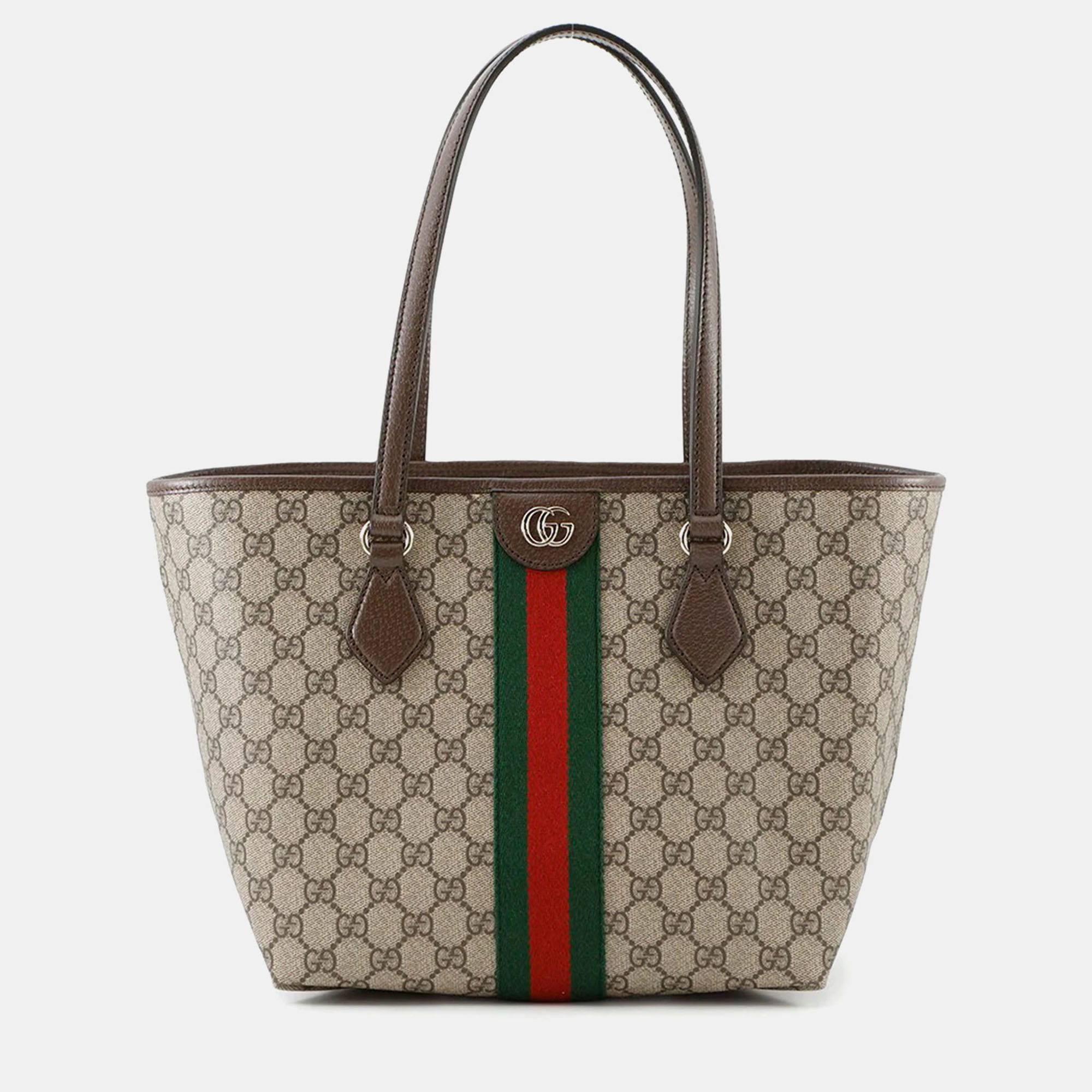 Pre-owned Gucci Double G Tote Bag Beige/brown Leather Pvc Size Medium In Sand
