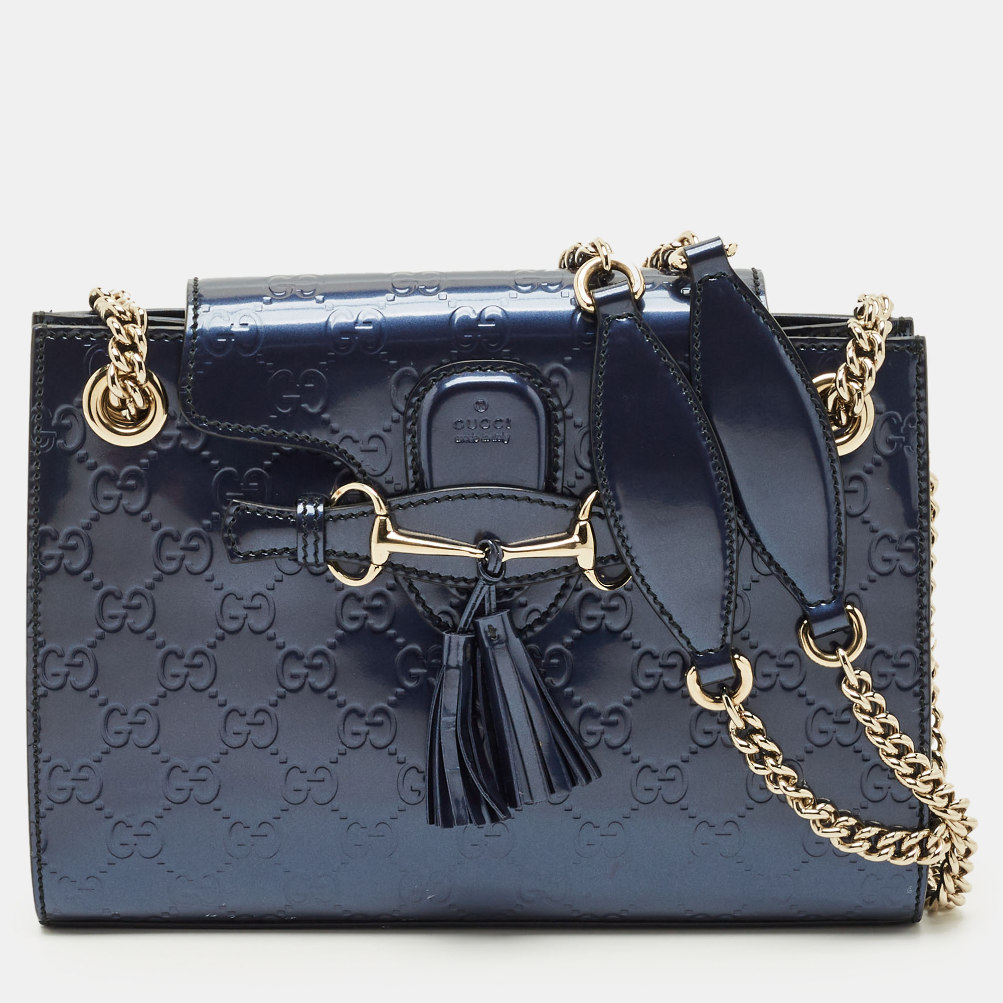 

Gucci Navy Blue Guccissima Patent Leather  Emily Chain Shoulder Bag