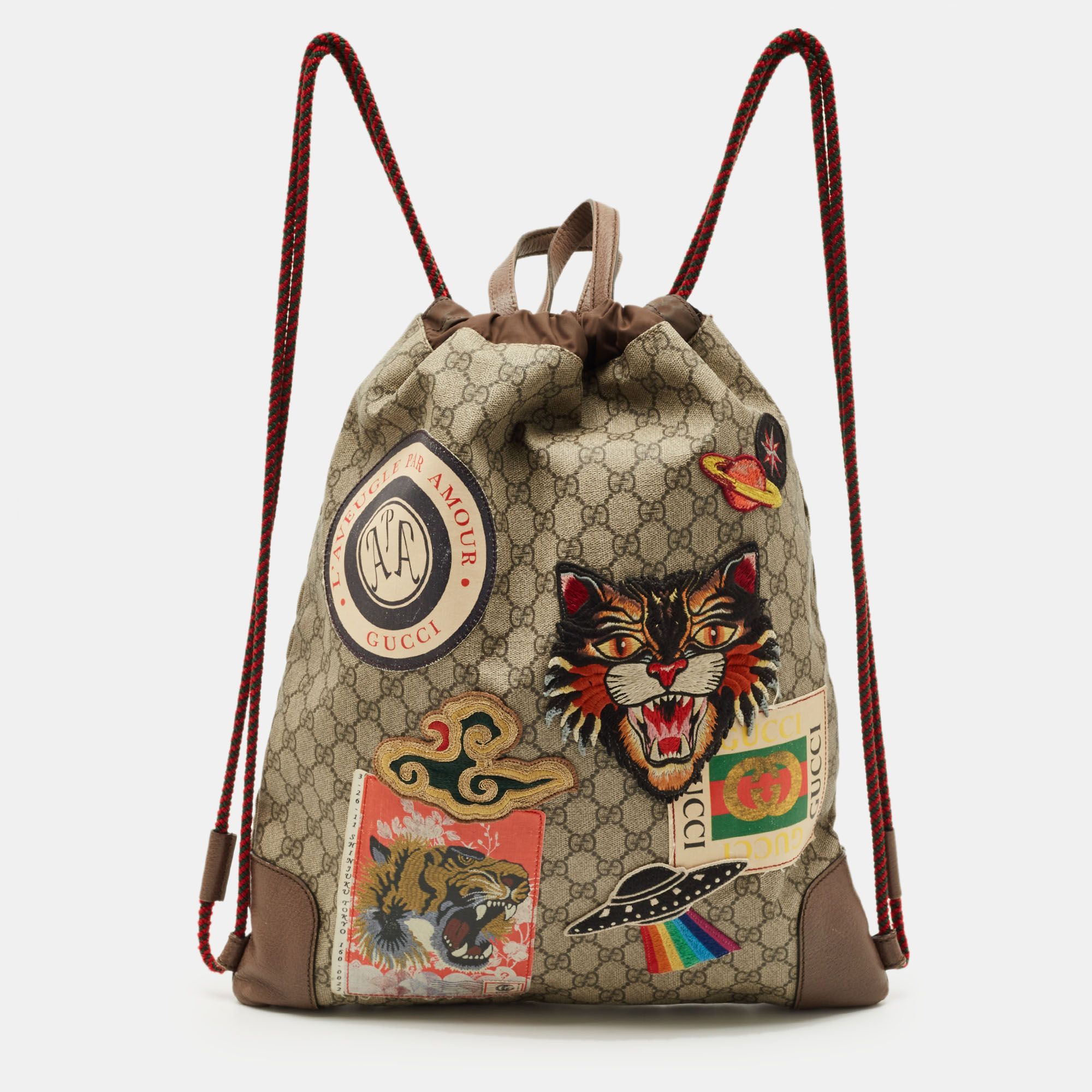 Pre-owned Gucci Brown/beige Gg Supreme Canvas Patchwork Drawstring Convertible Tote/backpack