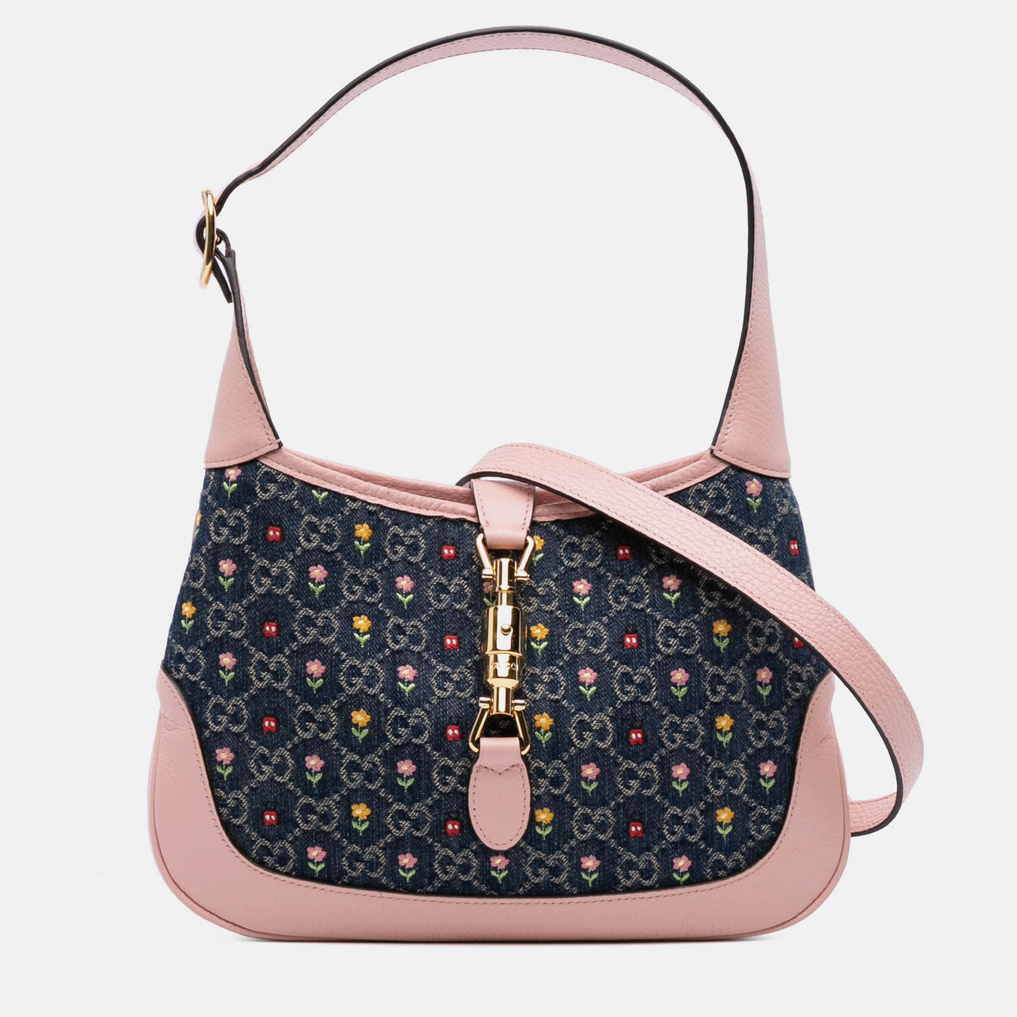 

Gucci Blue Limited Edition Small GG Embroidered Denim Floral Jackie 1961 Crossbody