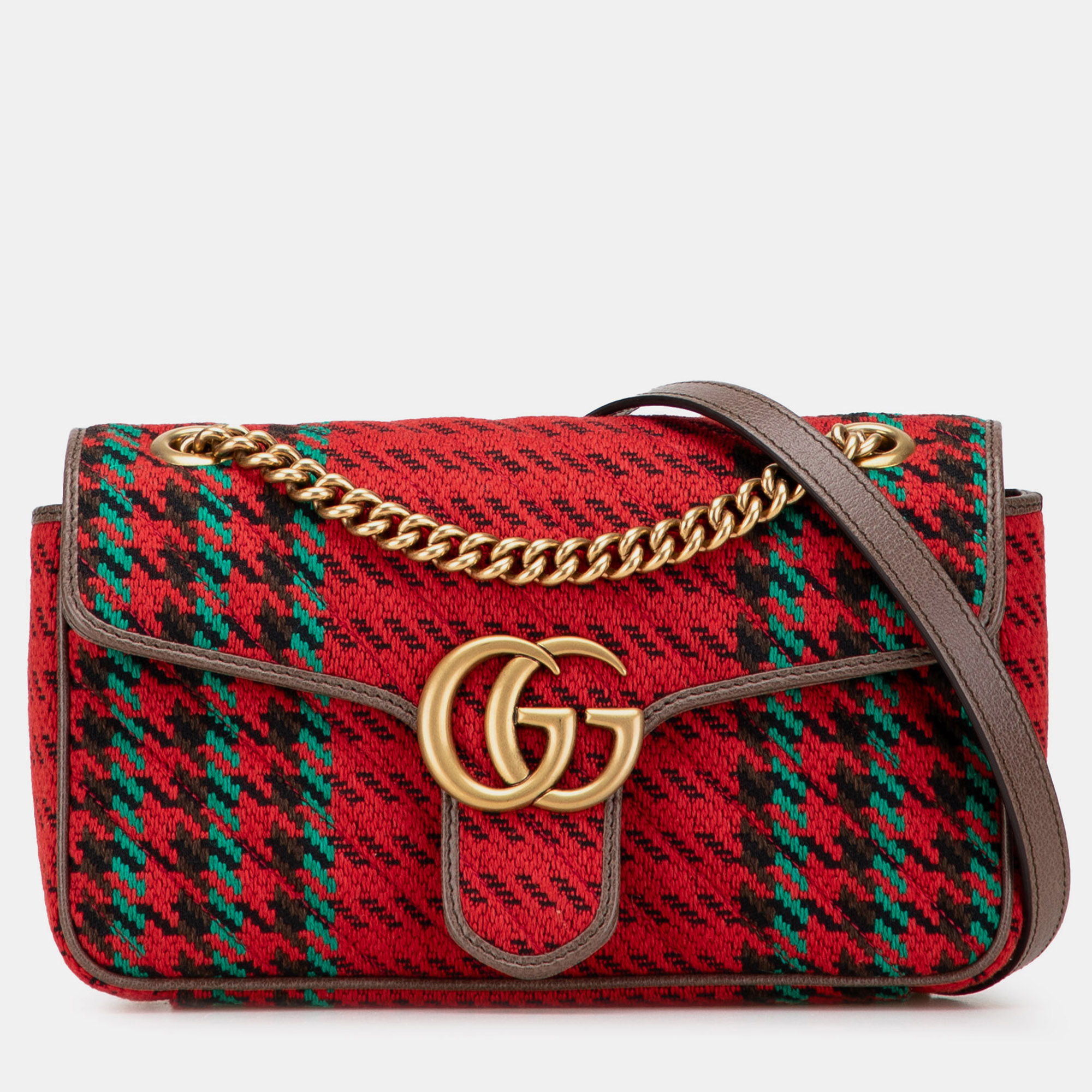 Gucci Red Small GG Marmont Houndstooth Tweed Flap Crossbody