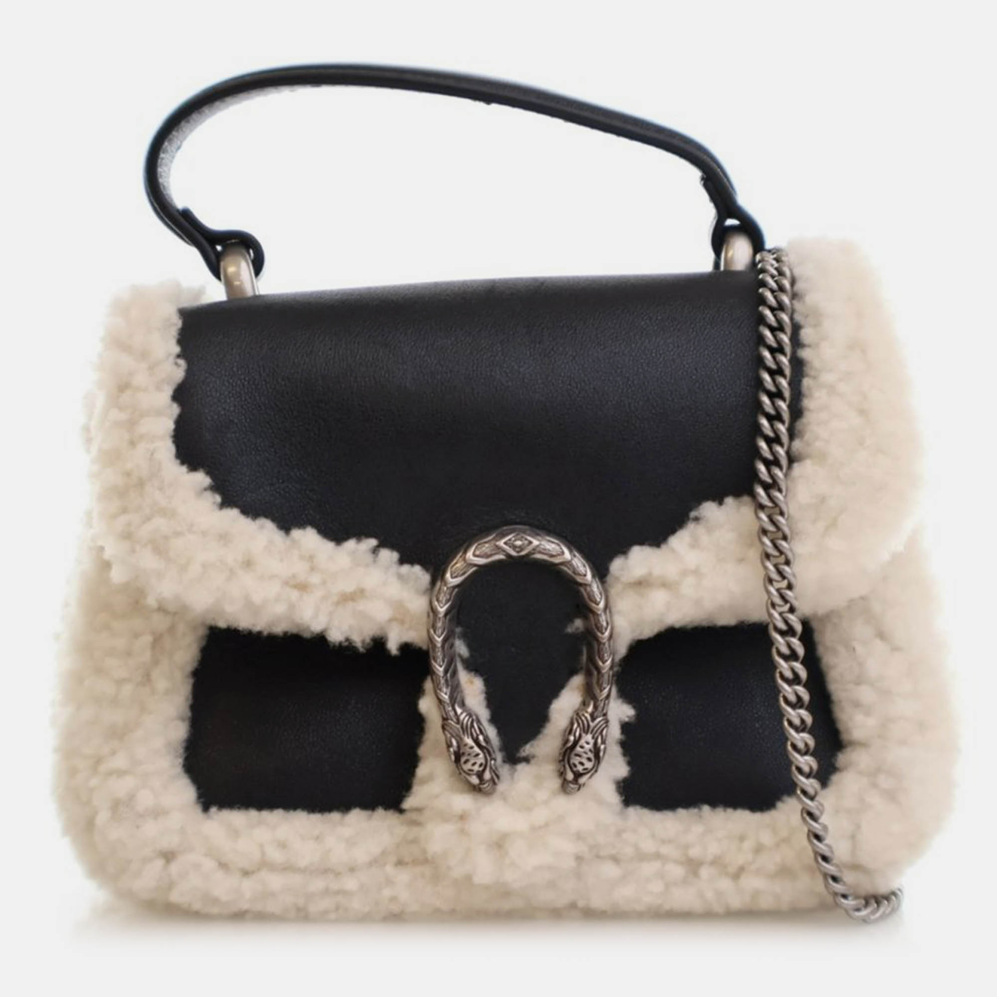 Pre-owned Gucci Mini Beige/black Calf Leather Shearling Dionysus Top Handle In Sand