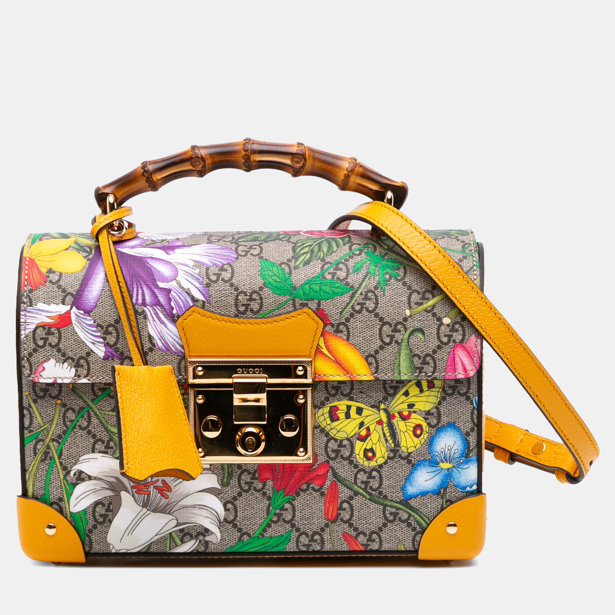Gucci Beige Brown Small GG Supreme Flora Bamboo Padlock Satchel
