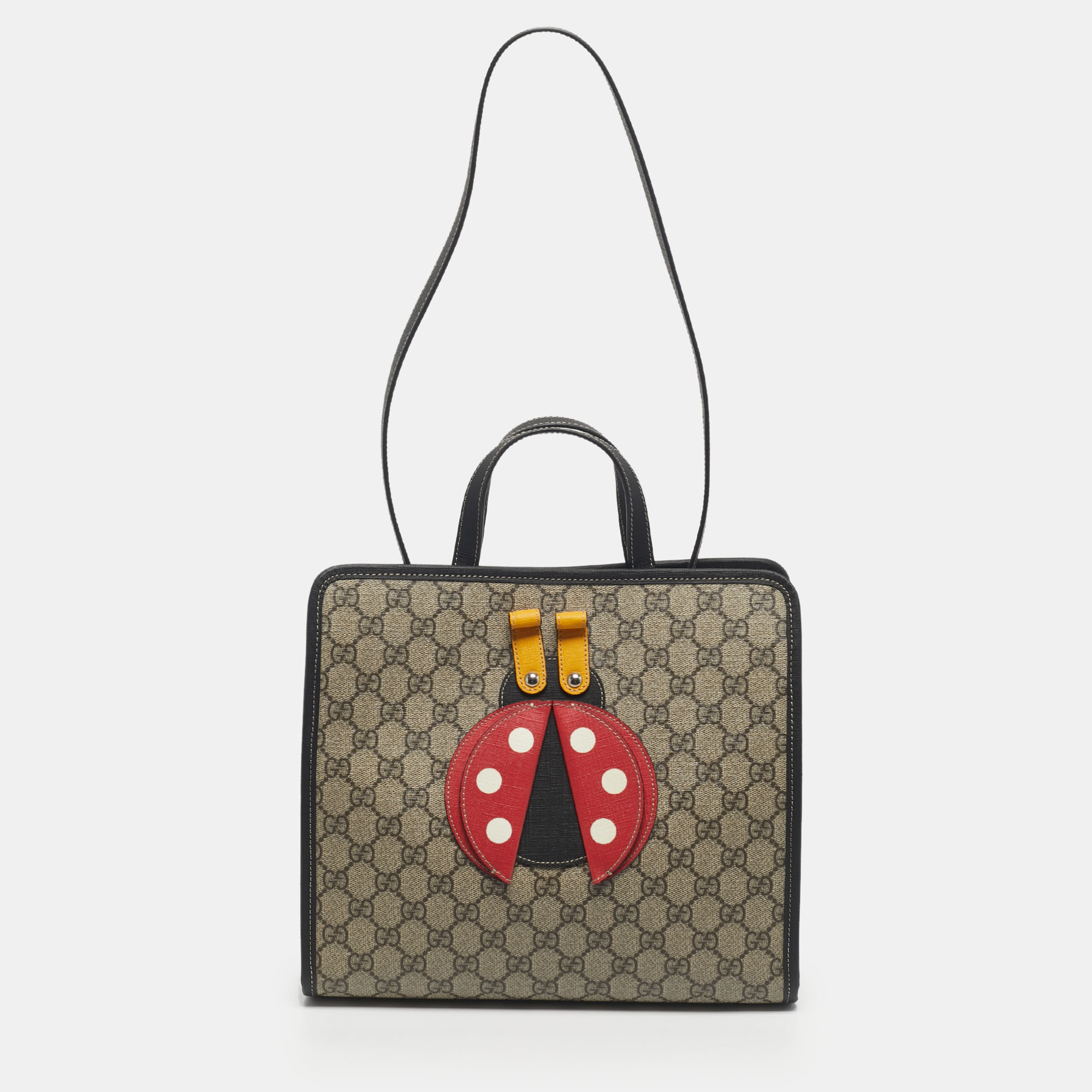 Pre-owned Gucci Kid's Choco Brown/beige Gg Supreme Canvas Lady Bug Tote