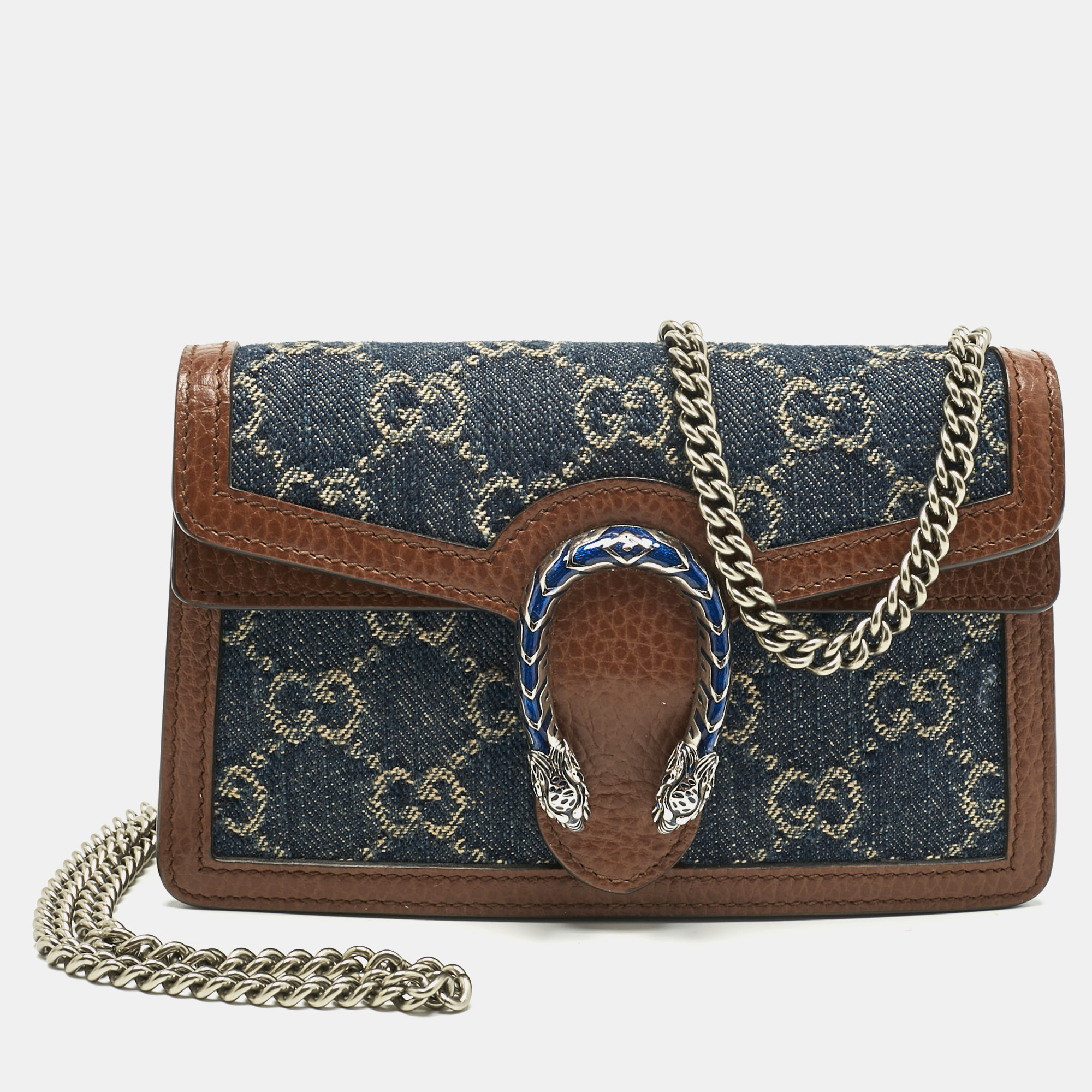 Pre-owned Gucci Blue/brown Gg Denim And Leather Super Mini Dionysus Shoulder Bag