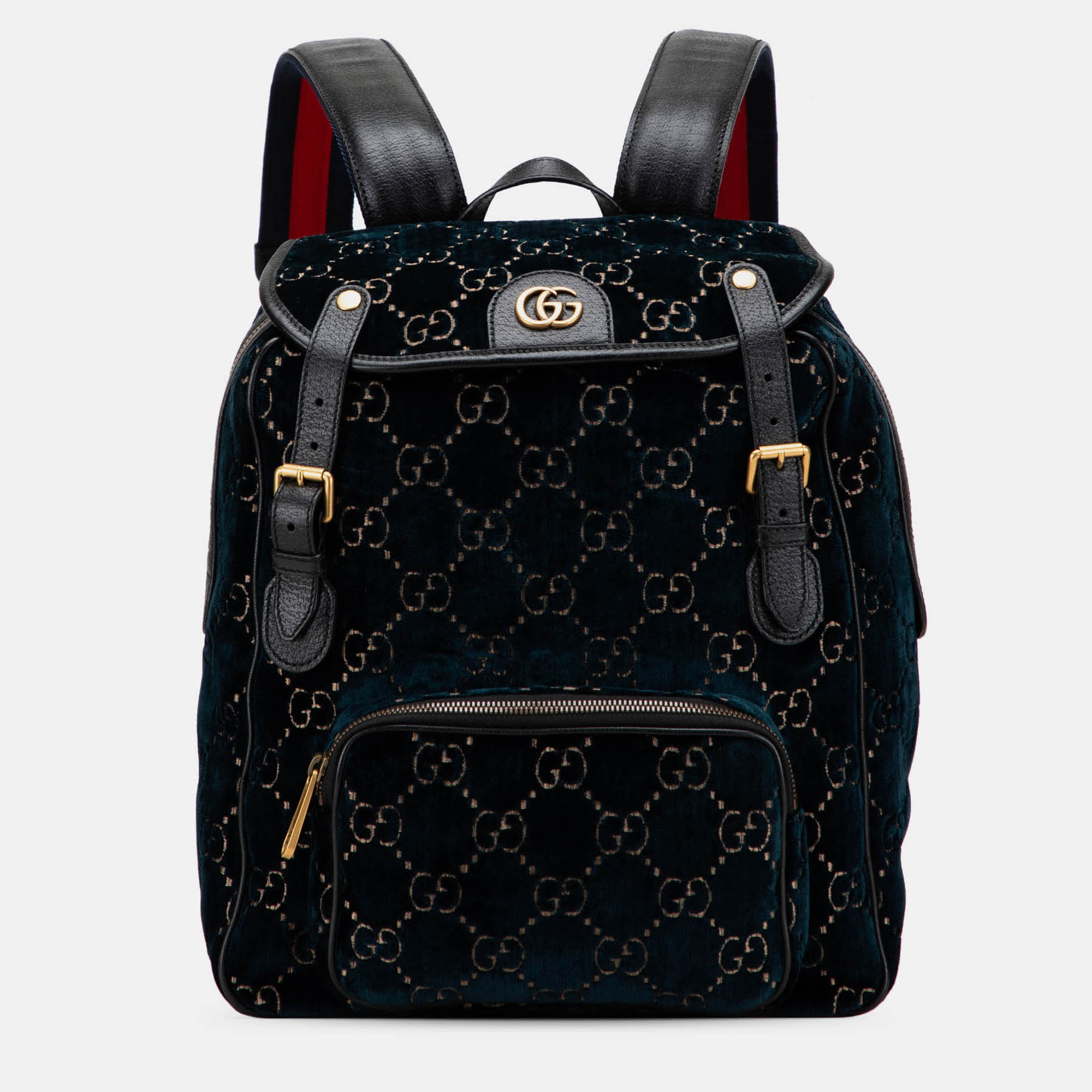 Pre-owned Gucci Blue Gg Velvet Double Buckle Backpack