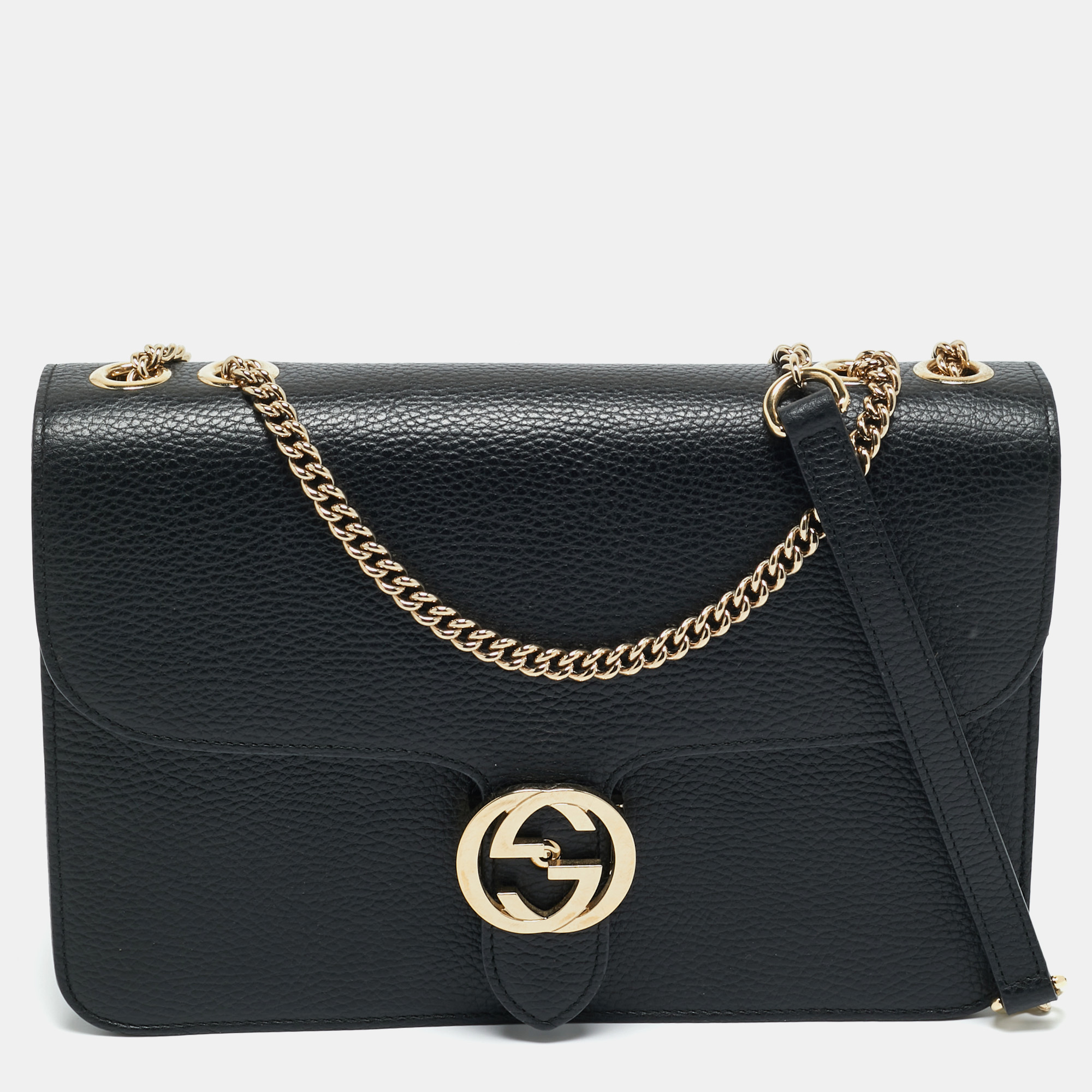 Gucci Black Leather Dollar Interlocking G Shoulder Bag