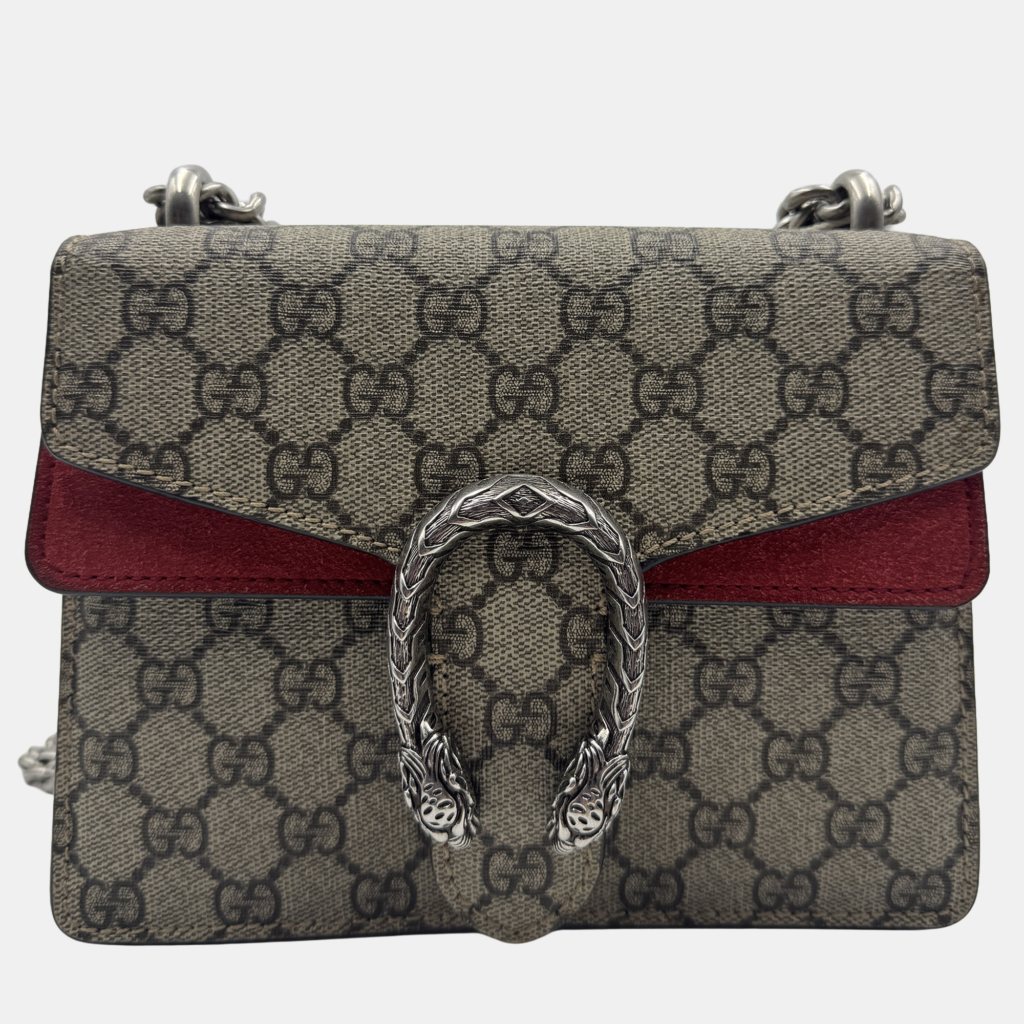 Pre-owned Gucci Beige/red Gg Supreme Canvas And Suede Mini Dionysus Shoulder Bag In Sand