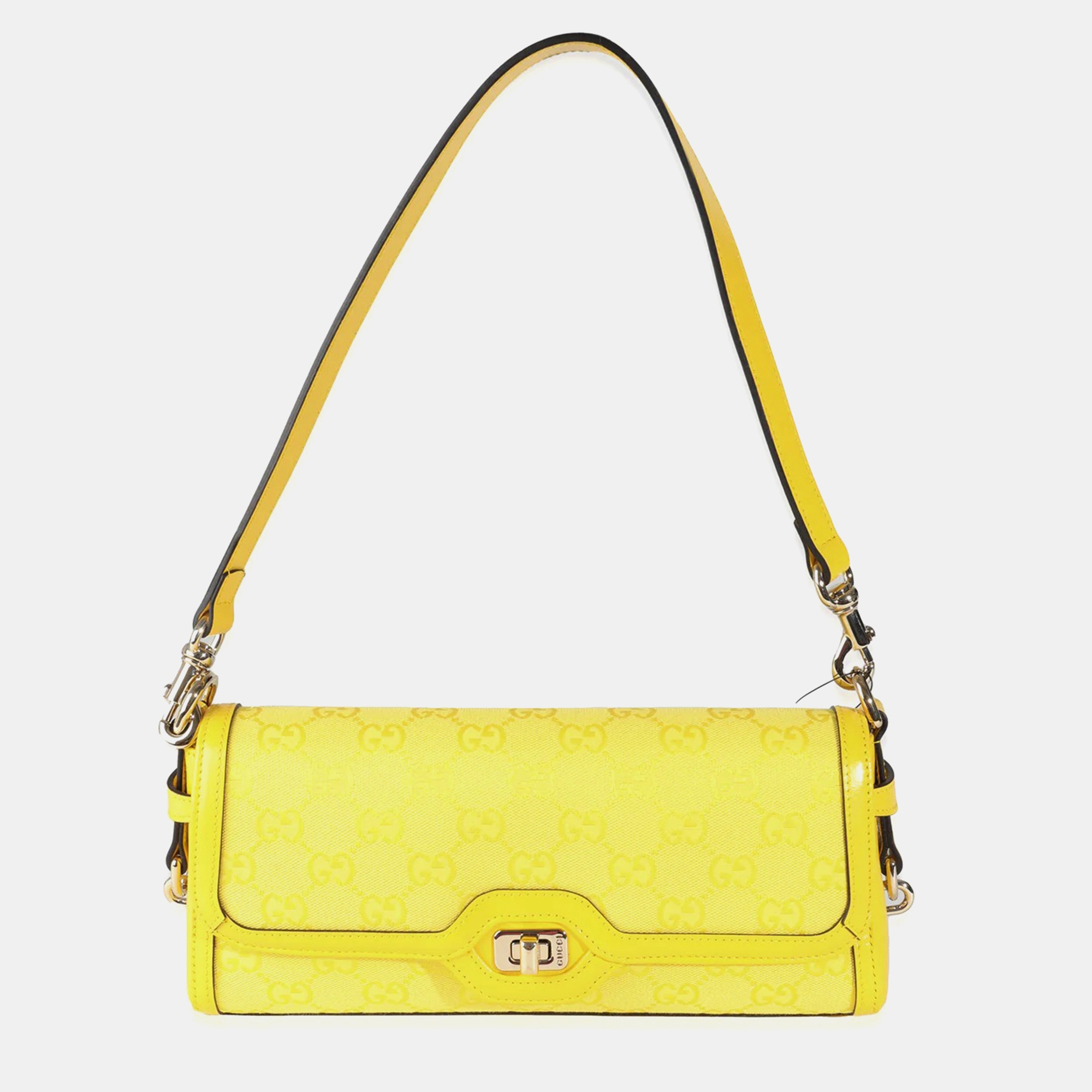 Gucci Yellow GG Monogram Textured Canvas Dollar Calfskin Small Luce Shoulder Bag