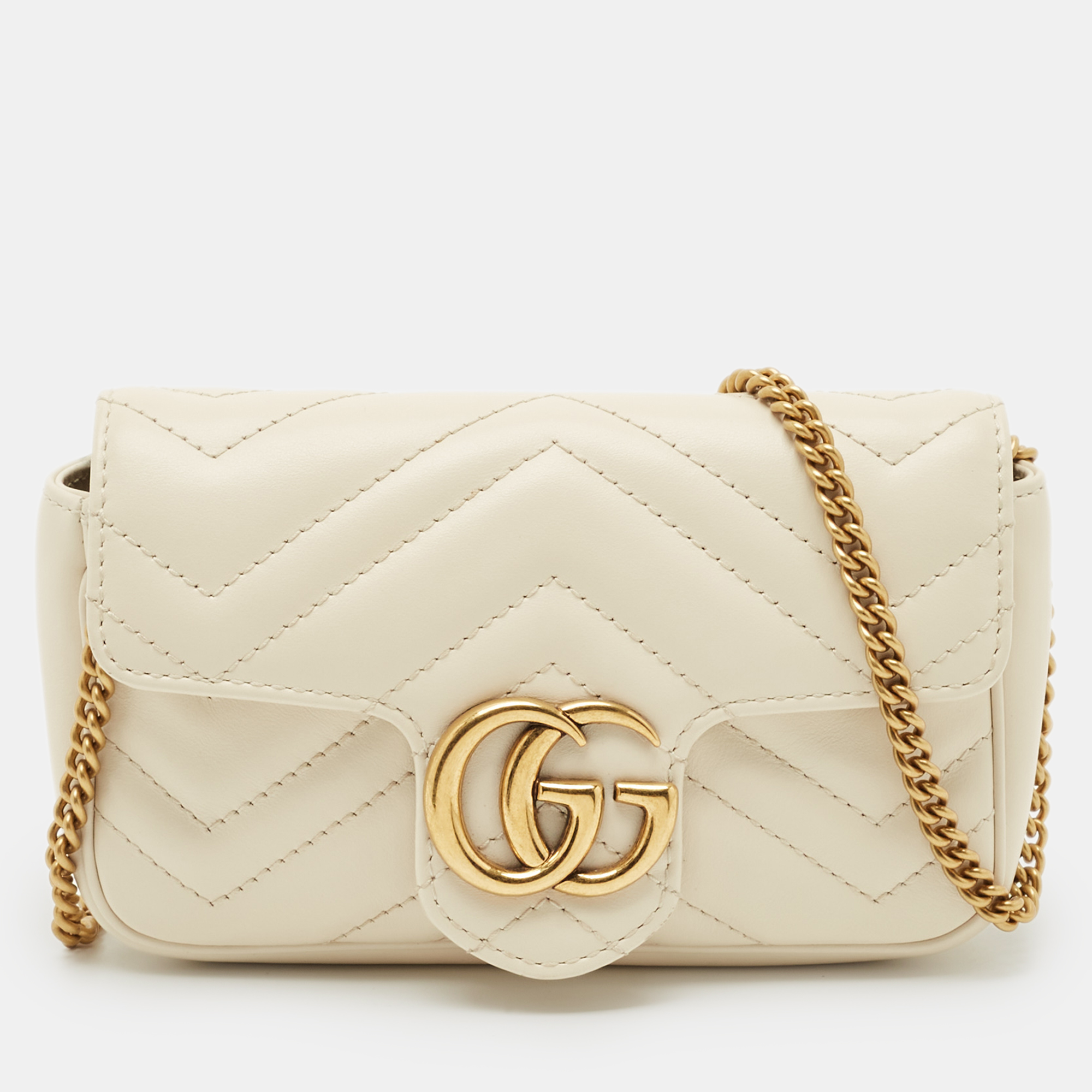 Pre-owned Gucci Off White Matelassé Leather Super Mini Gg Marmont Shoulder Bag