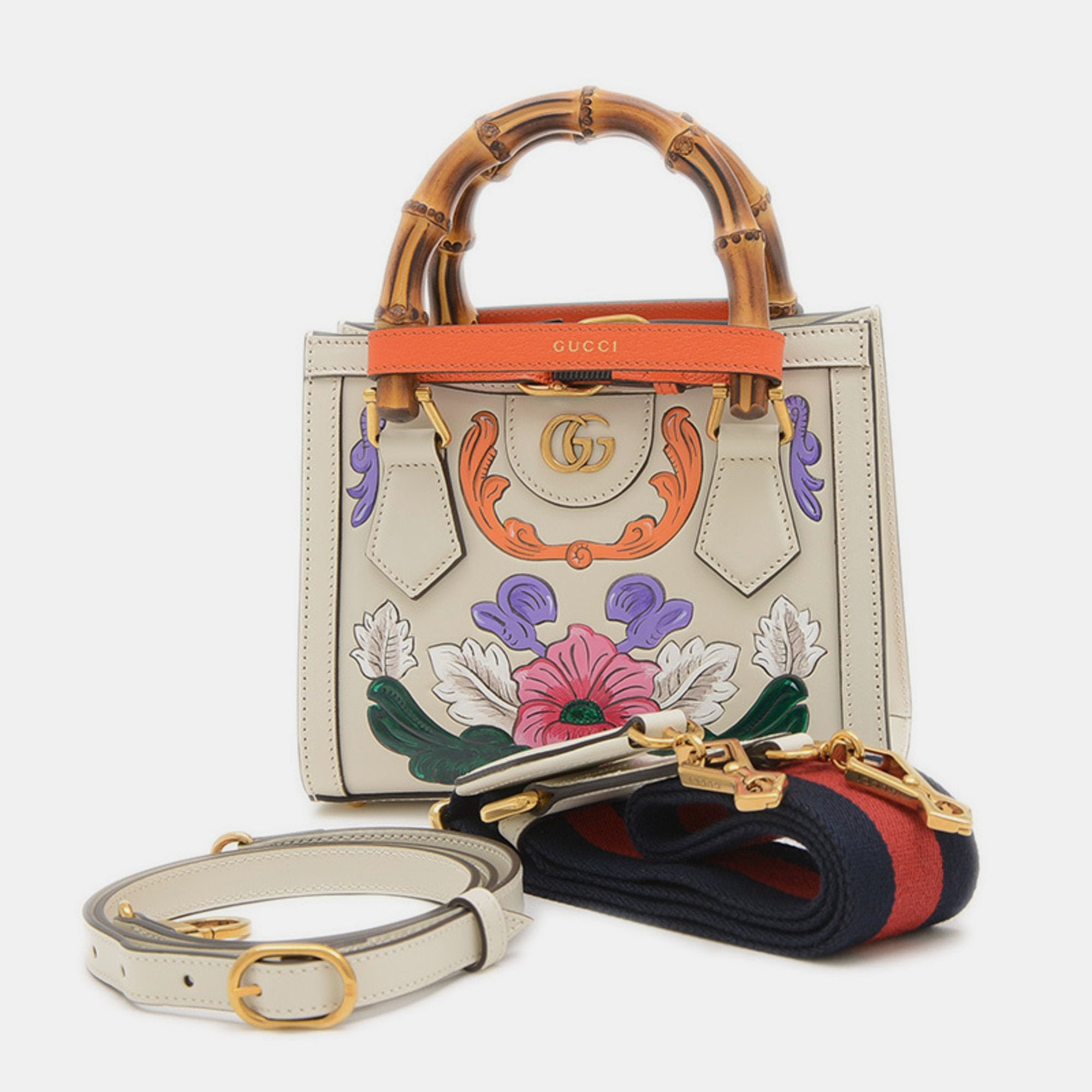 

Gucci Ivory Floral Leather Diana Bamboo Mini Shoulder Bag, Cream