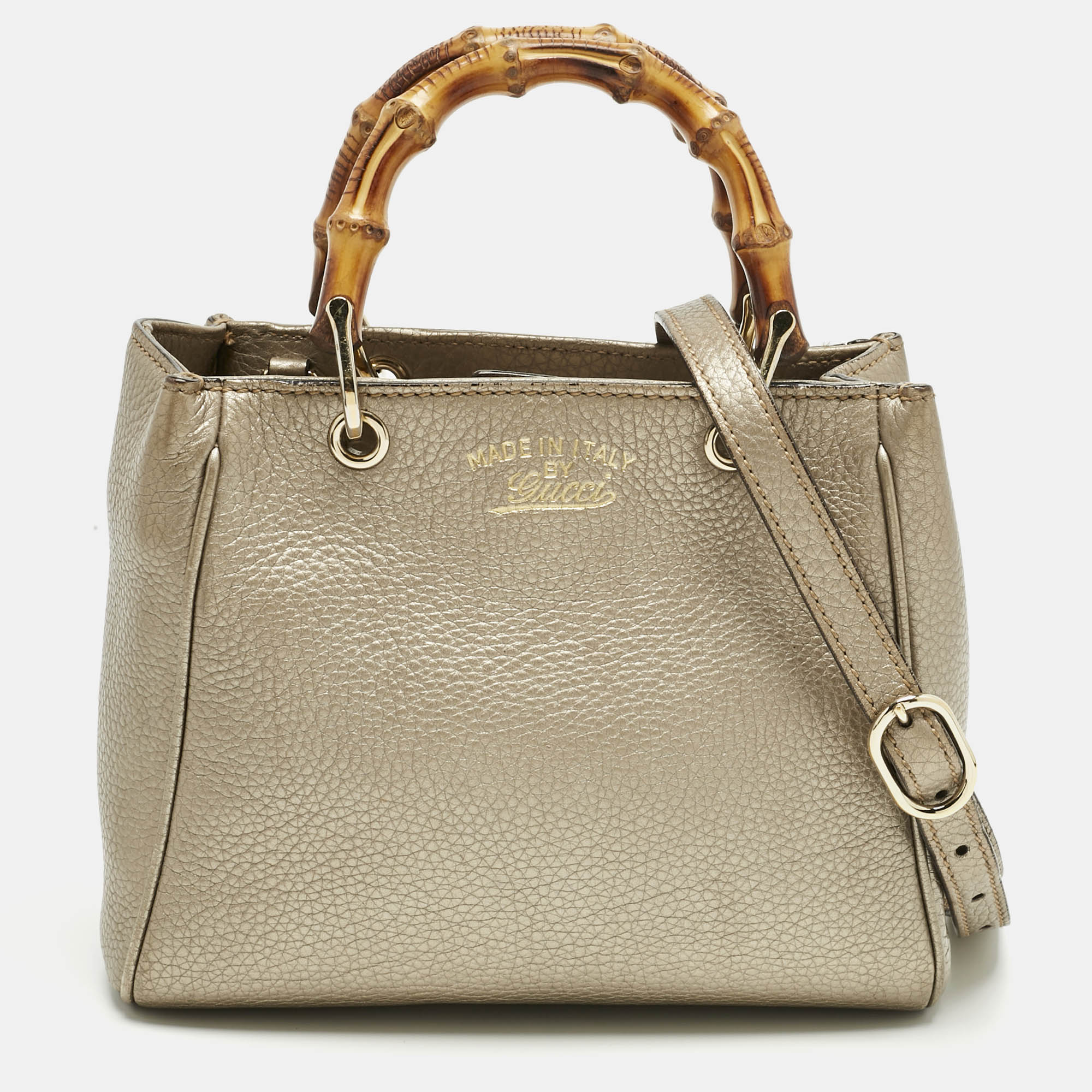 Pre-owned Gucci Metallic Gold Leather Mini Bamboo Tote