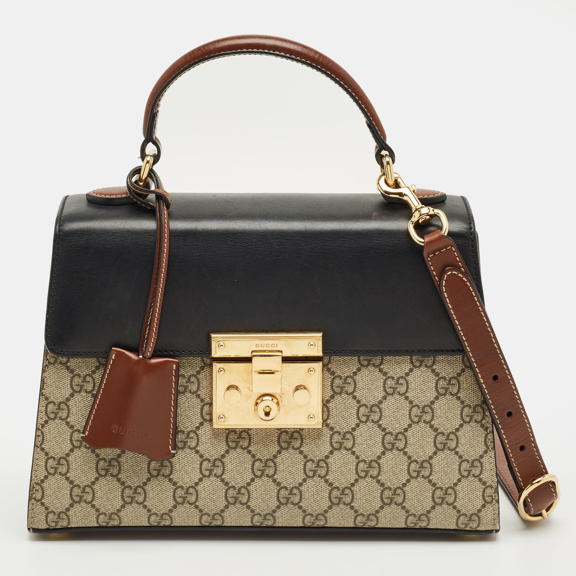 

Gucci Tricolor GG Supreme Canvas and Leather  Padlock Top Handle Bag, Multicolor