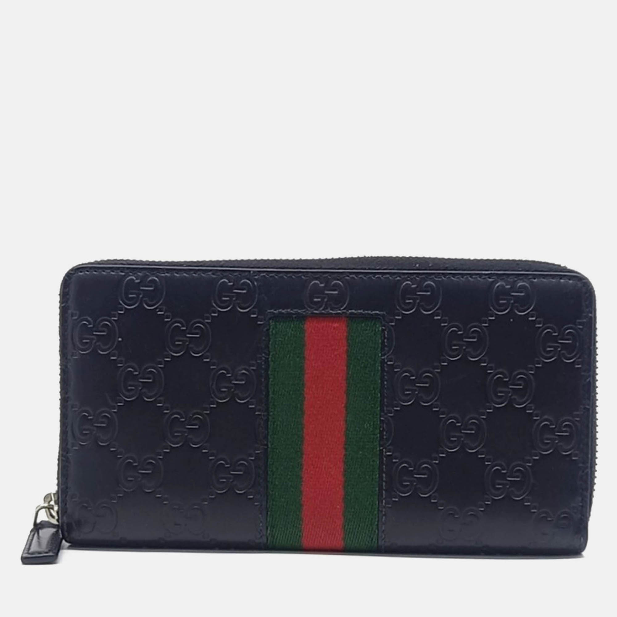 Pre-owned Gucci Black Leather Cimaline Web Long Wallet
