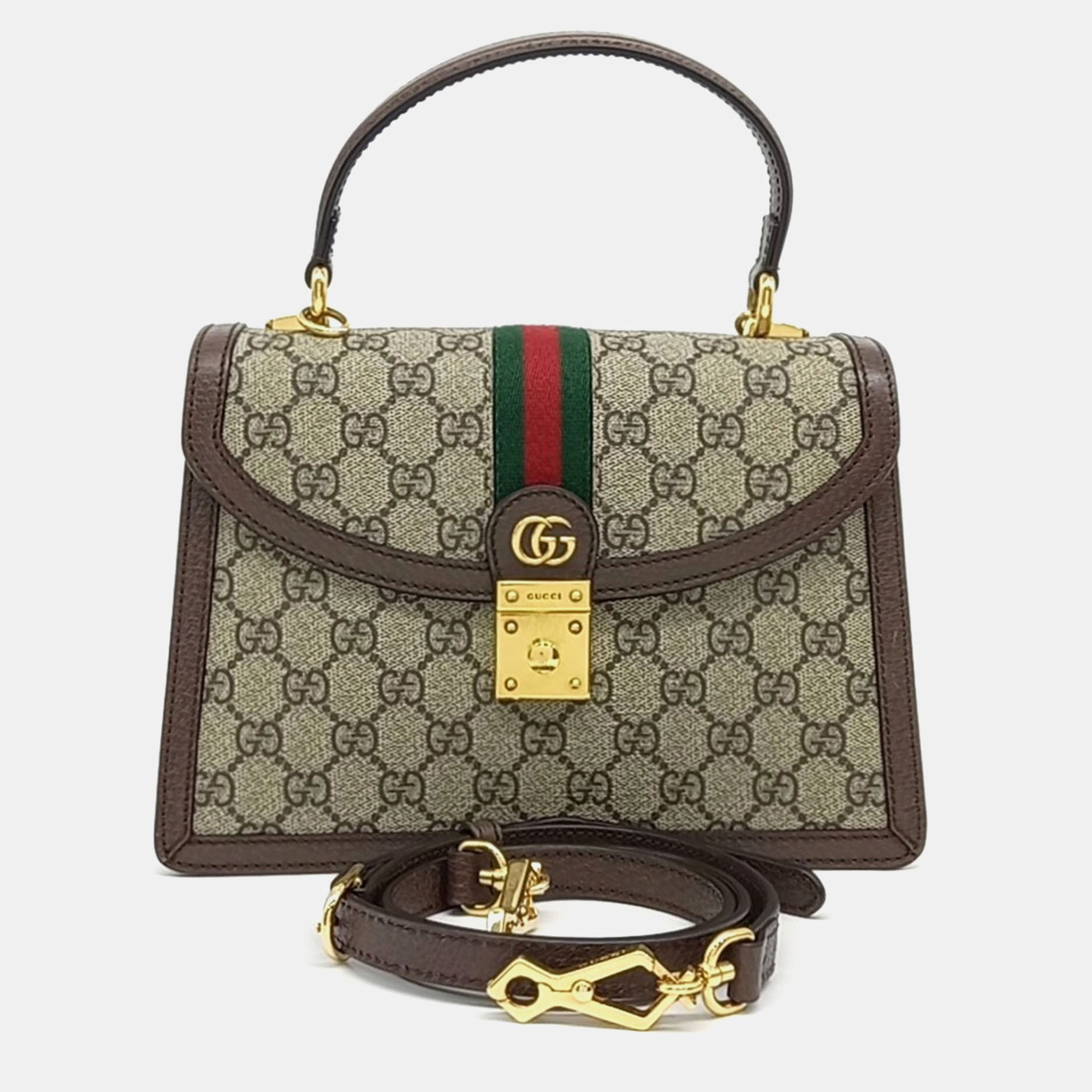 

Gucci Beige Brown Canvas and Leather Ophidia Top Handle Bag
