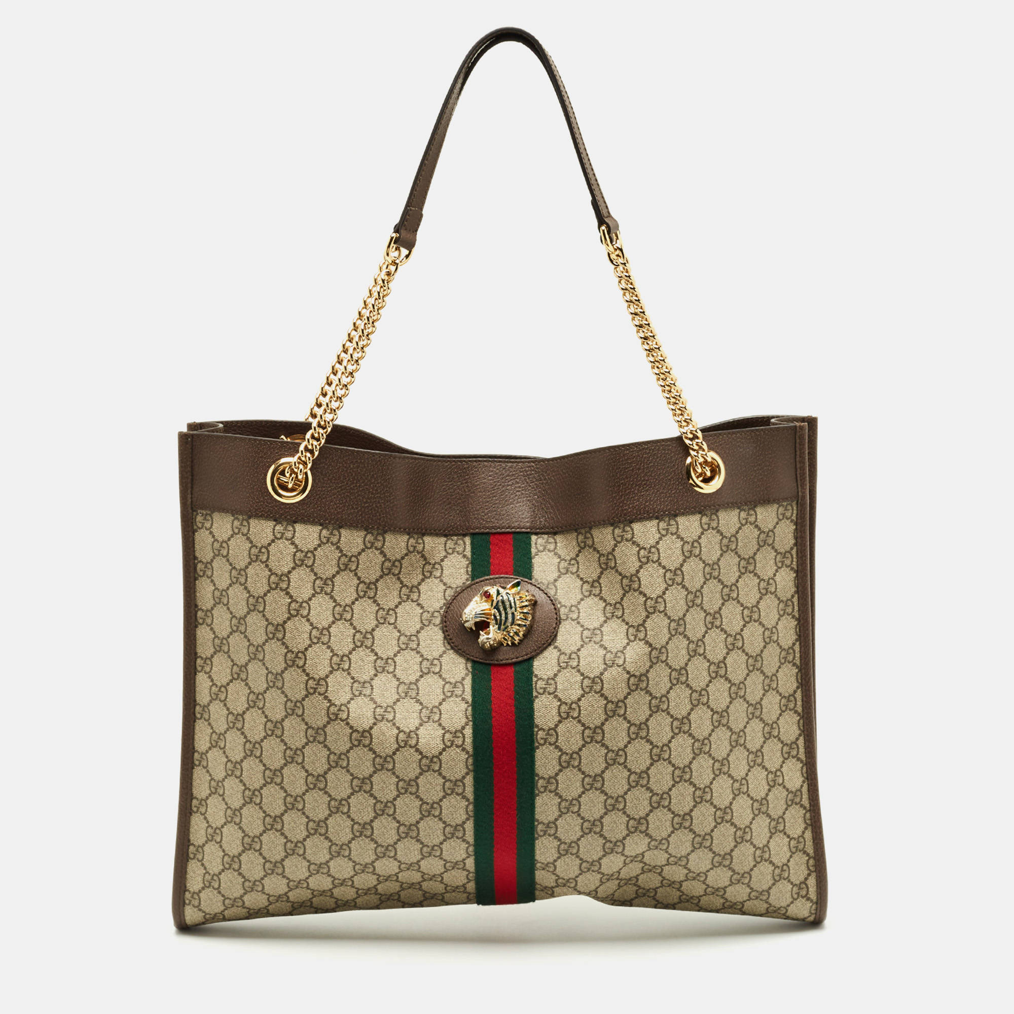 Pre-owned Gucci Brown/beige Gg Supreme Canvas Large Web Rajah Tote