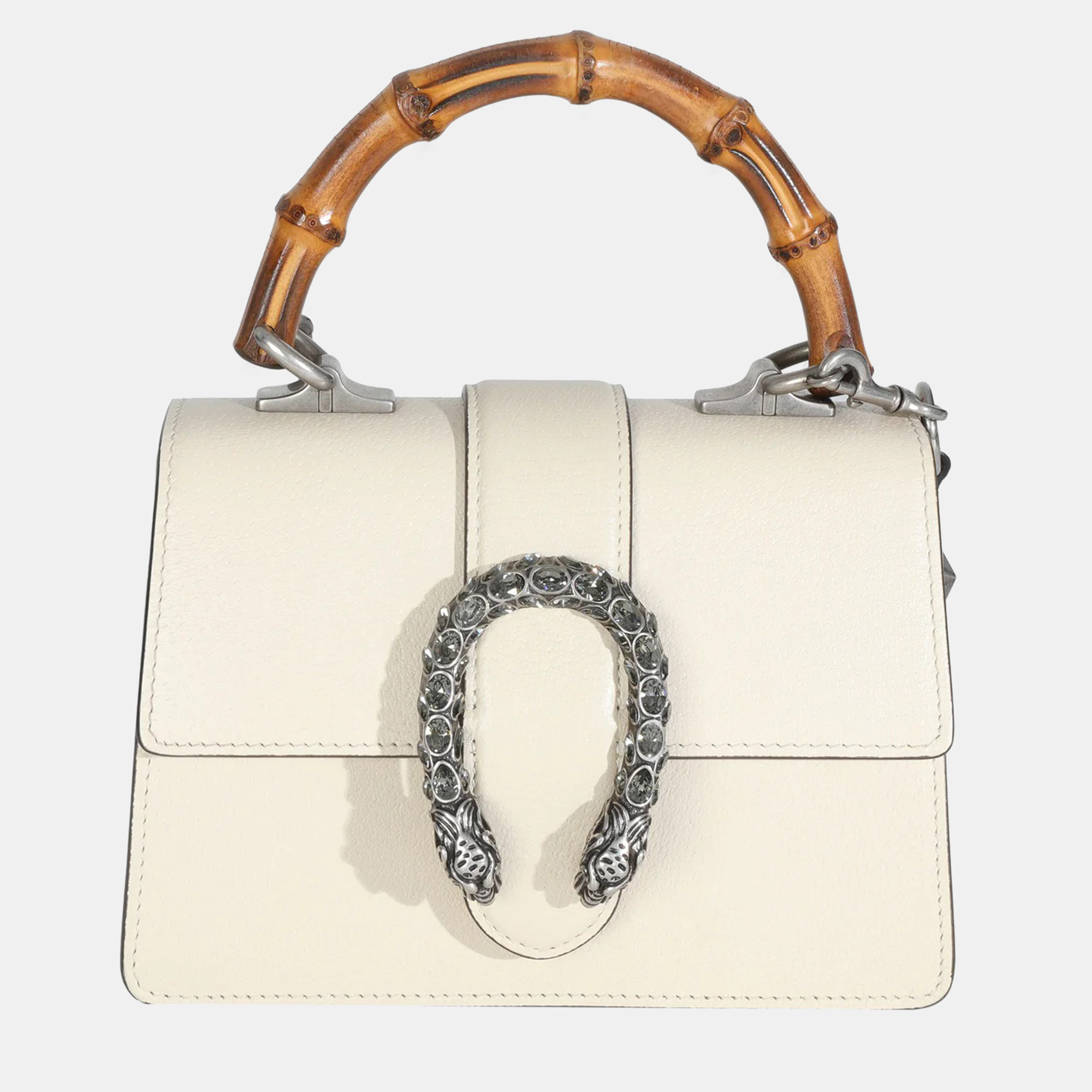 

Gucci Mystic White Textured Calfskin Crystal Bamboo Web Mini Dionysus Top Handle