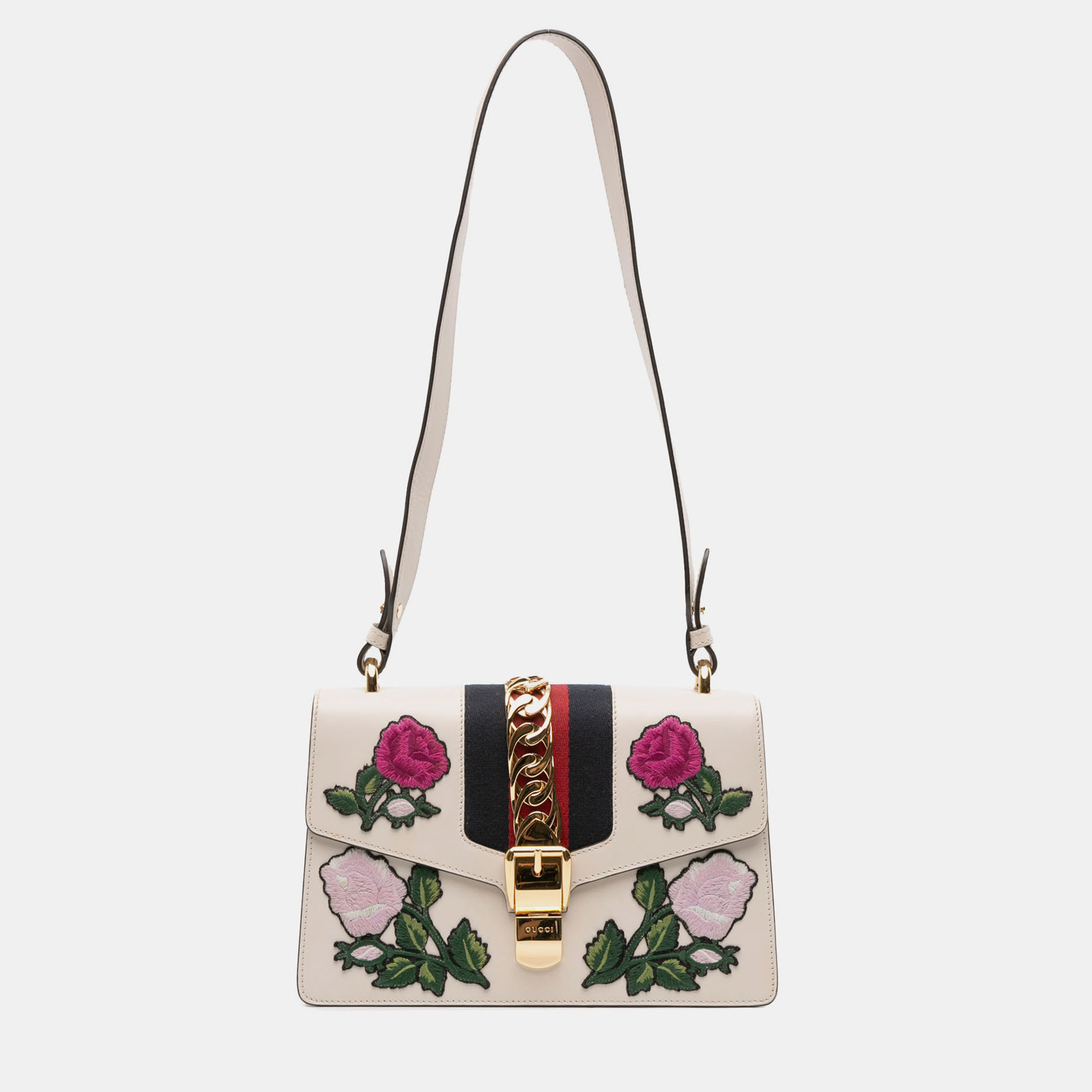 

Gucci White Small Floral Embroidered Leather Sylvie Satchel