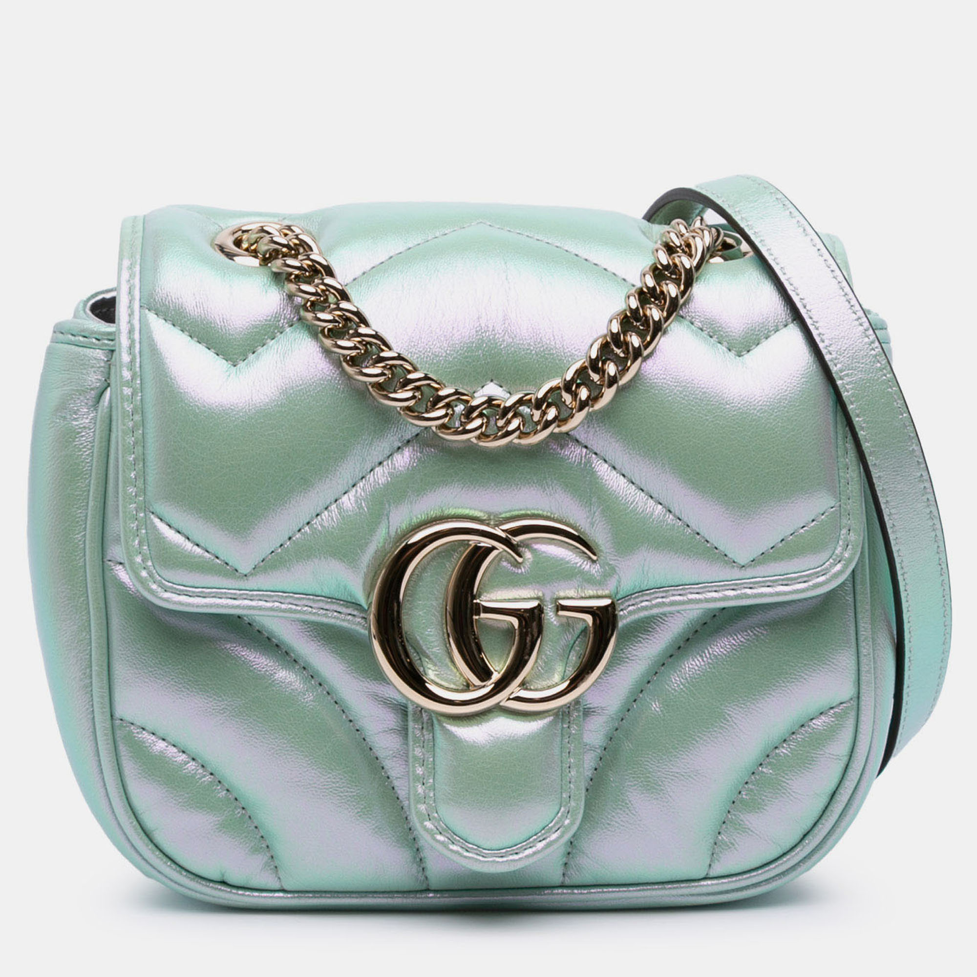 

Gucci Green Mini GG Marmont Matelasse Iridescent Leather Flap Crossbody