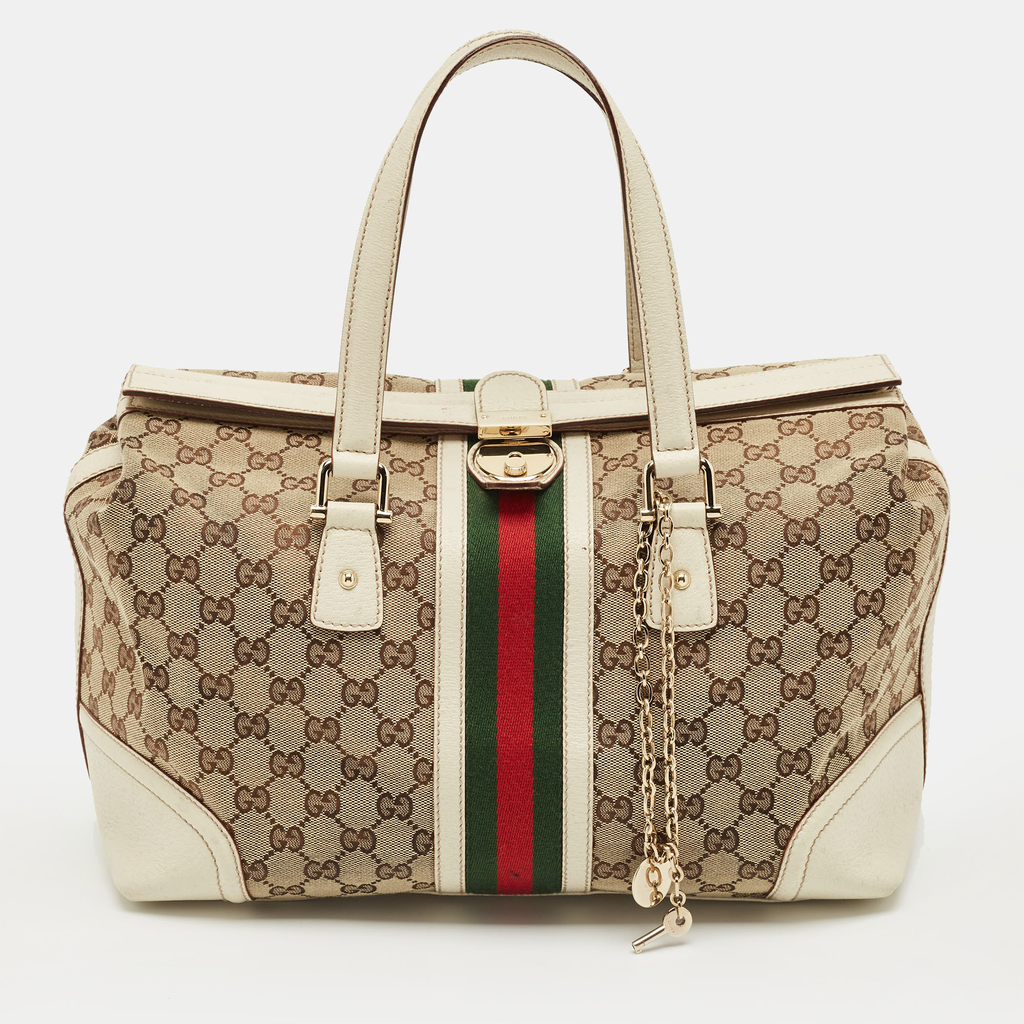 

Gucci White GG Canvas and Leather Large Web Treasure Boston Bag