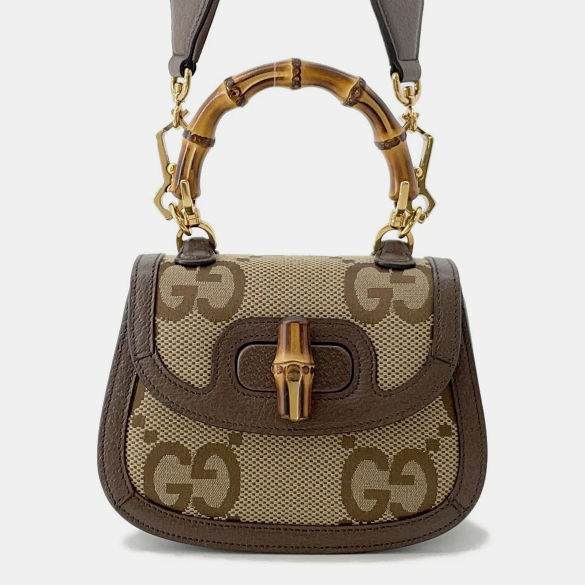 

Gucci Bamboo 1947 Jumbo Gg Top Handle Bag Beige/Brown Canvas Leather Size Mini