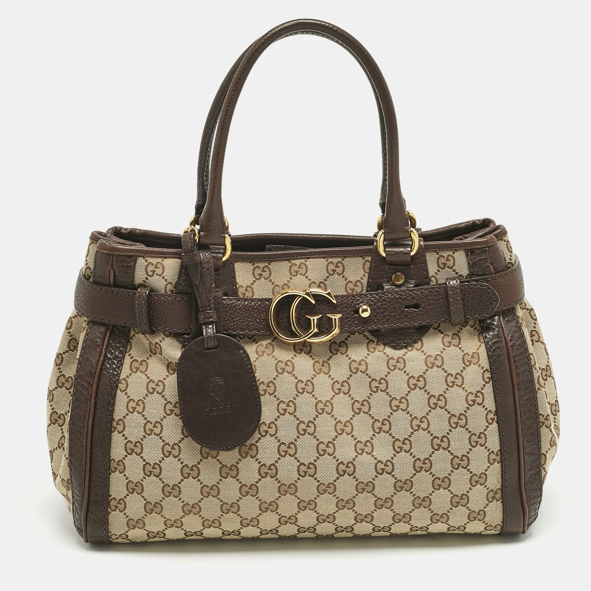 Pre-owned Gucci Ebony/beige Gg Canvas And Leather Medium Running Tote In Brown