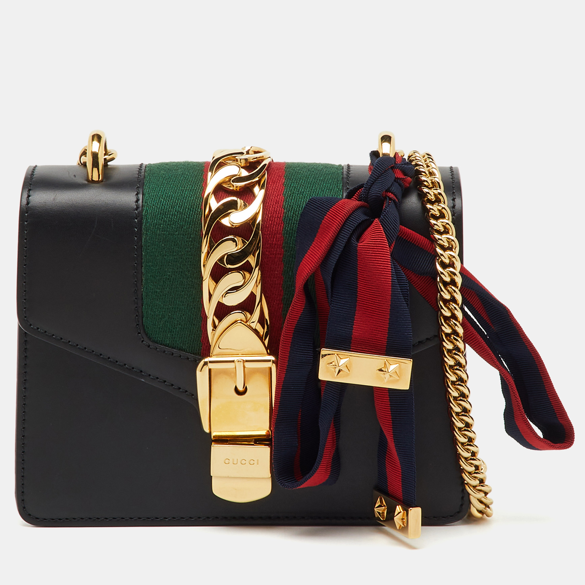 

Gucci Black Leather Mini Web Chain Sylvie Crossbody Bag