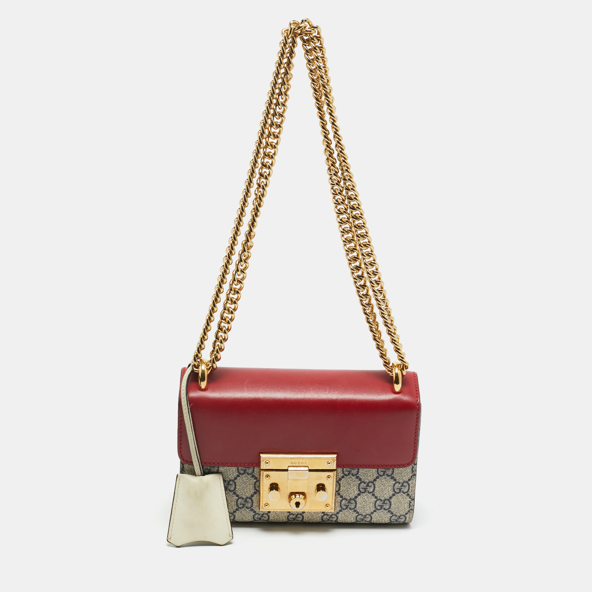 

Gucci Red/Beige GG Supreme Canvas and Leather Small Padlock Shoulder Bag