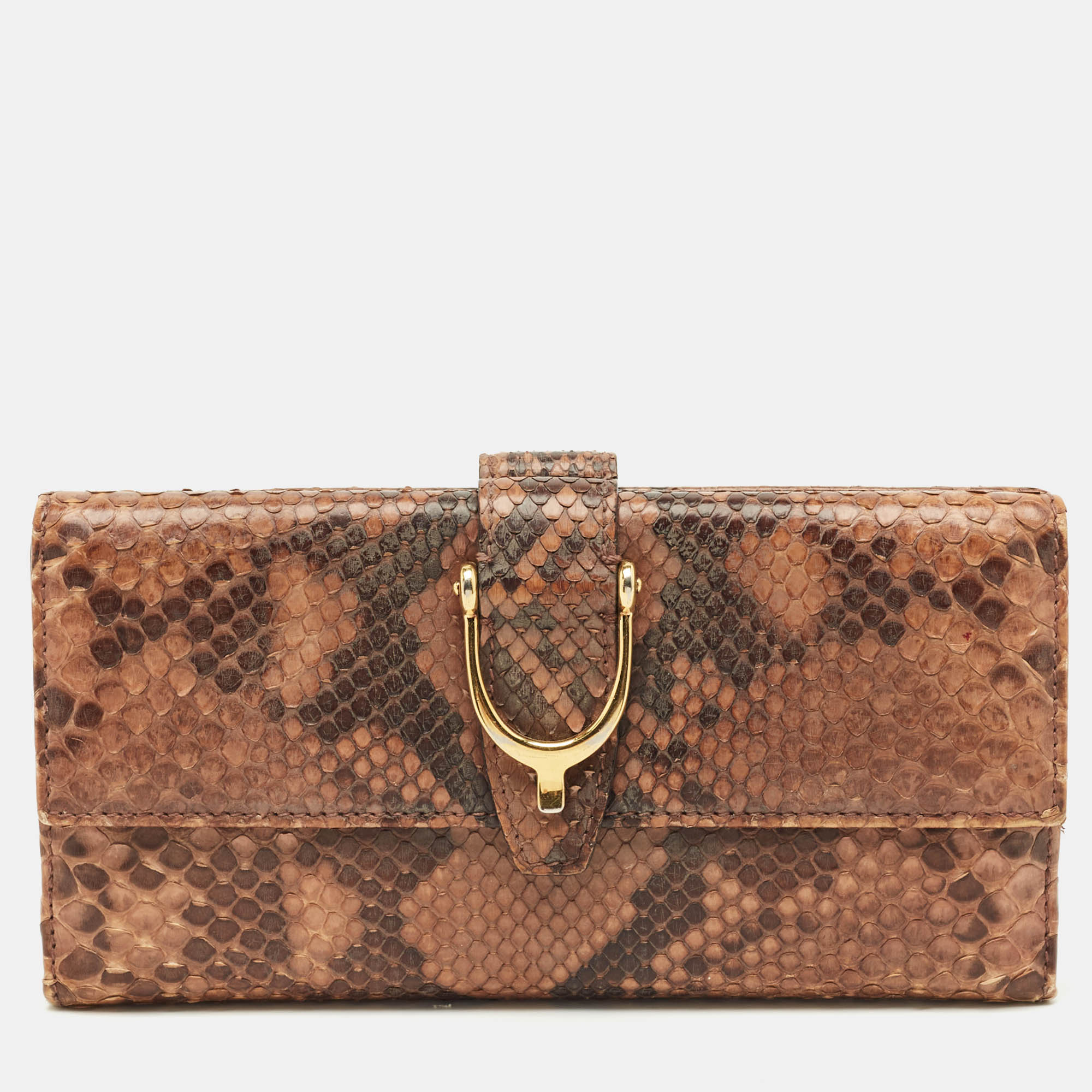 Pre-owned Gucci Beige Python Spur Flap Continental Wallet In Sand