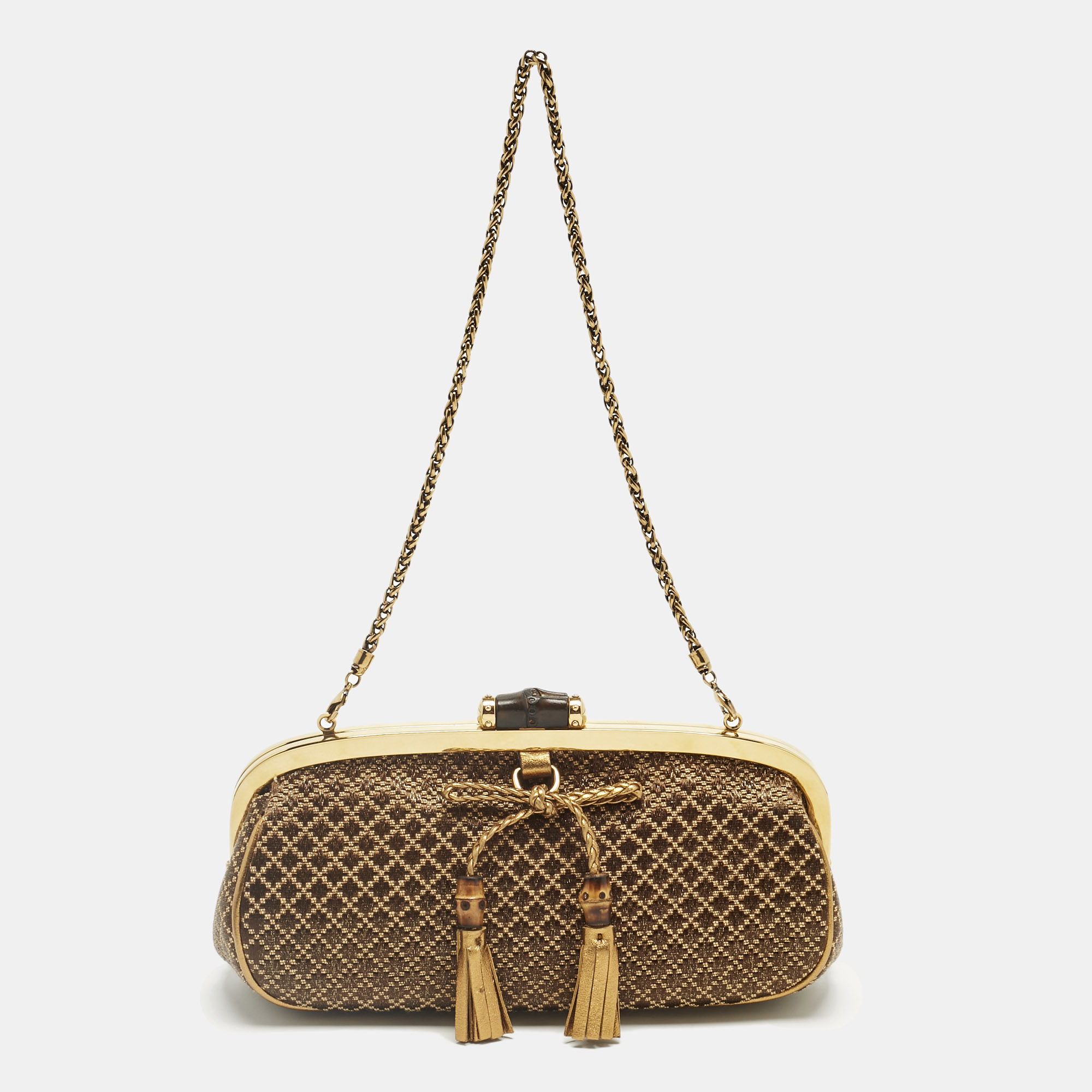 

Gucci Gold/Brown Diamond Fabric Bamboo Frame Chain Clutch