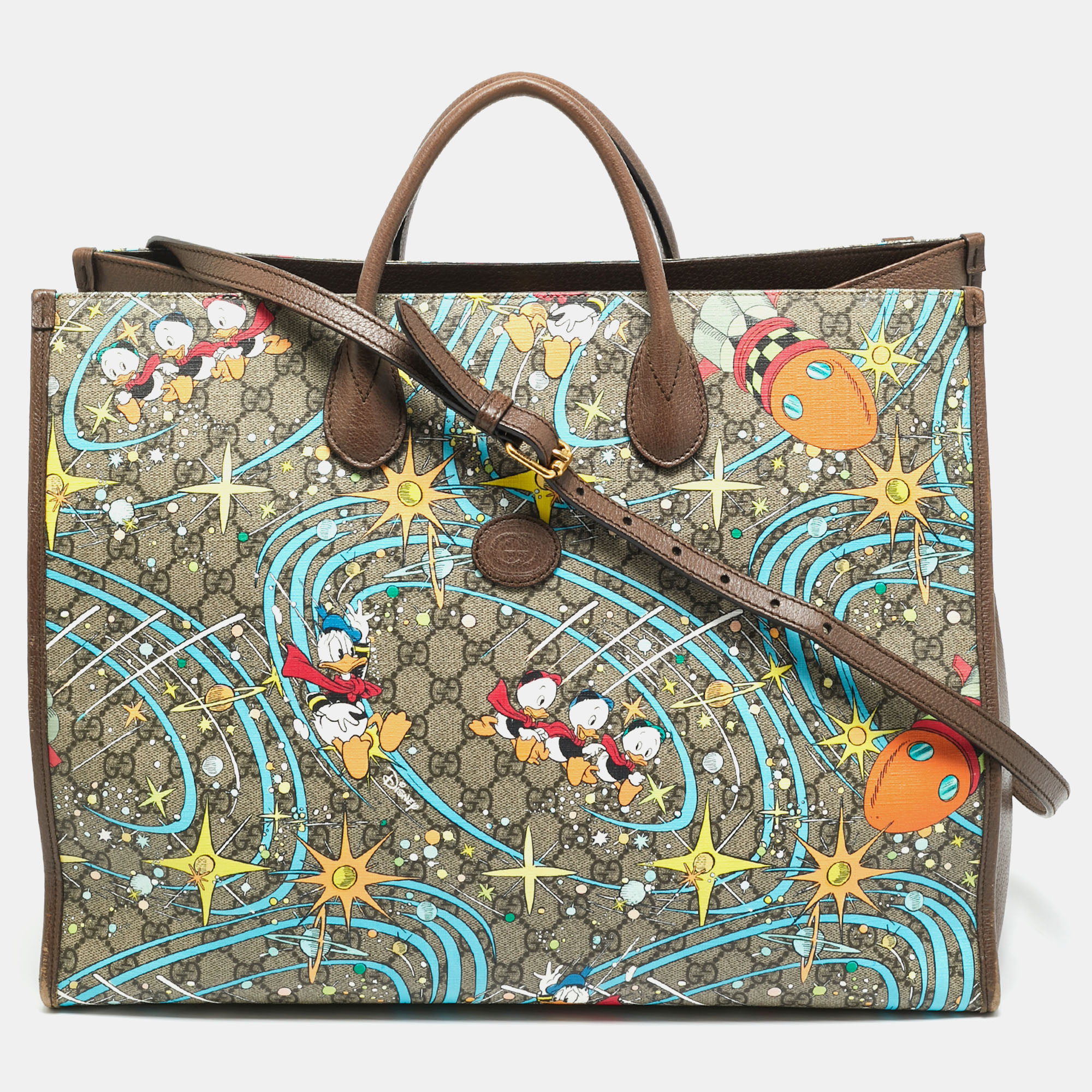 Pre-owned Gucci X Disney Multicolor Donald Duck Gg Supreme Canvas And Leather Interlocking G Shopping Tote