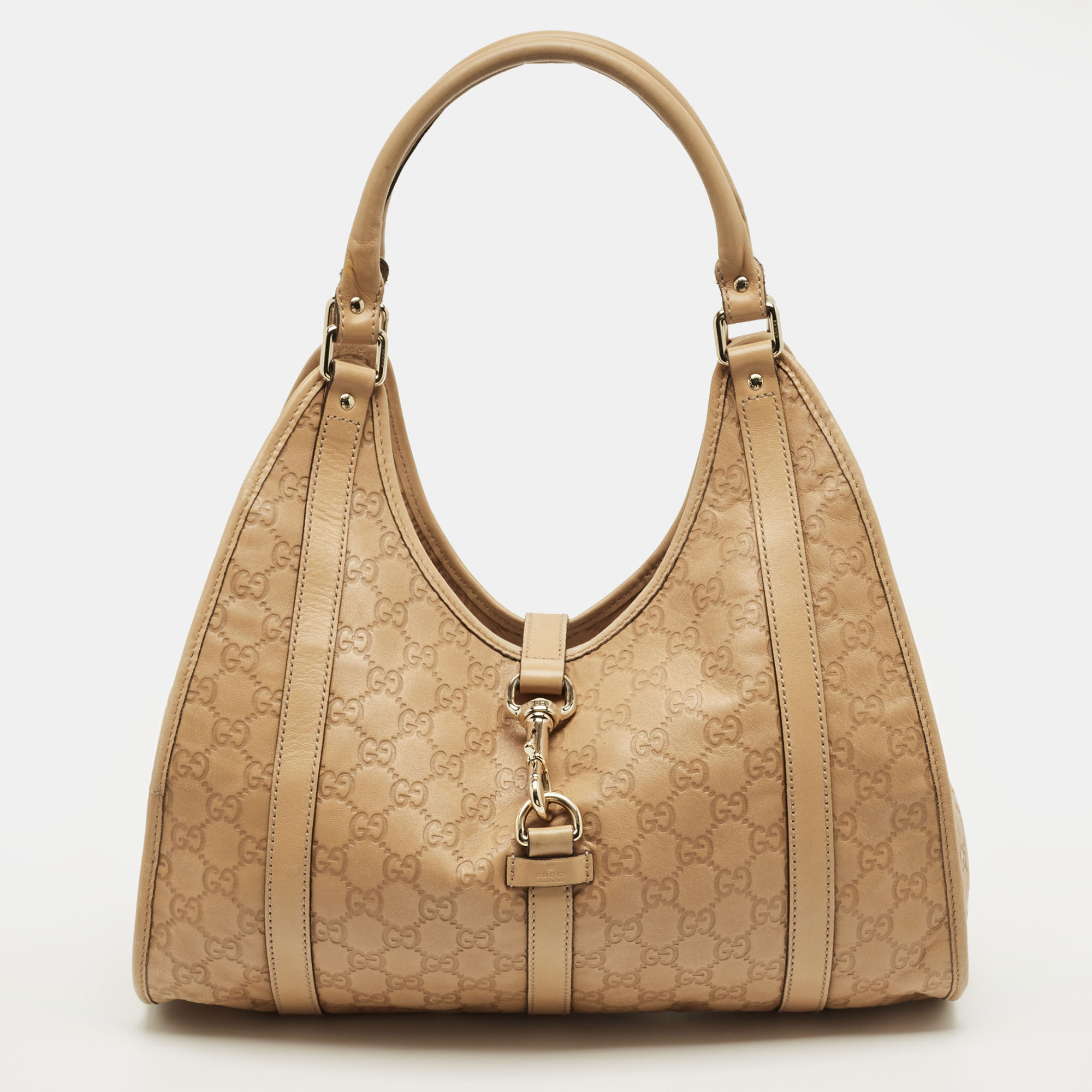 Pre-owned Gucci Ssima Leather Bardot Joy Tote In Sand