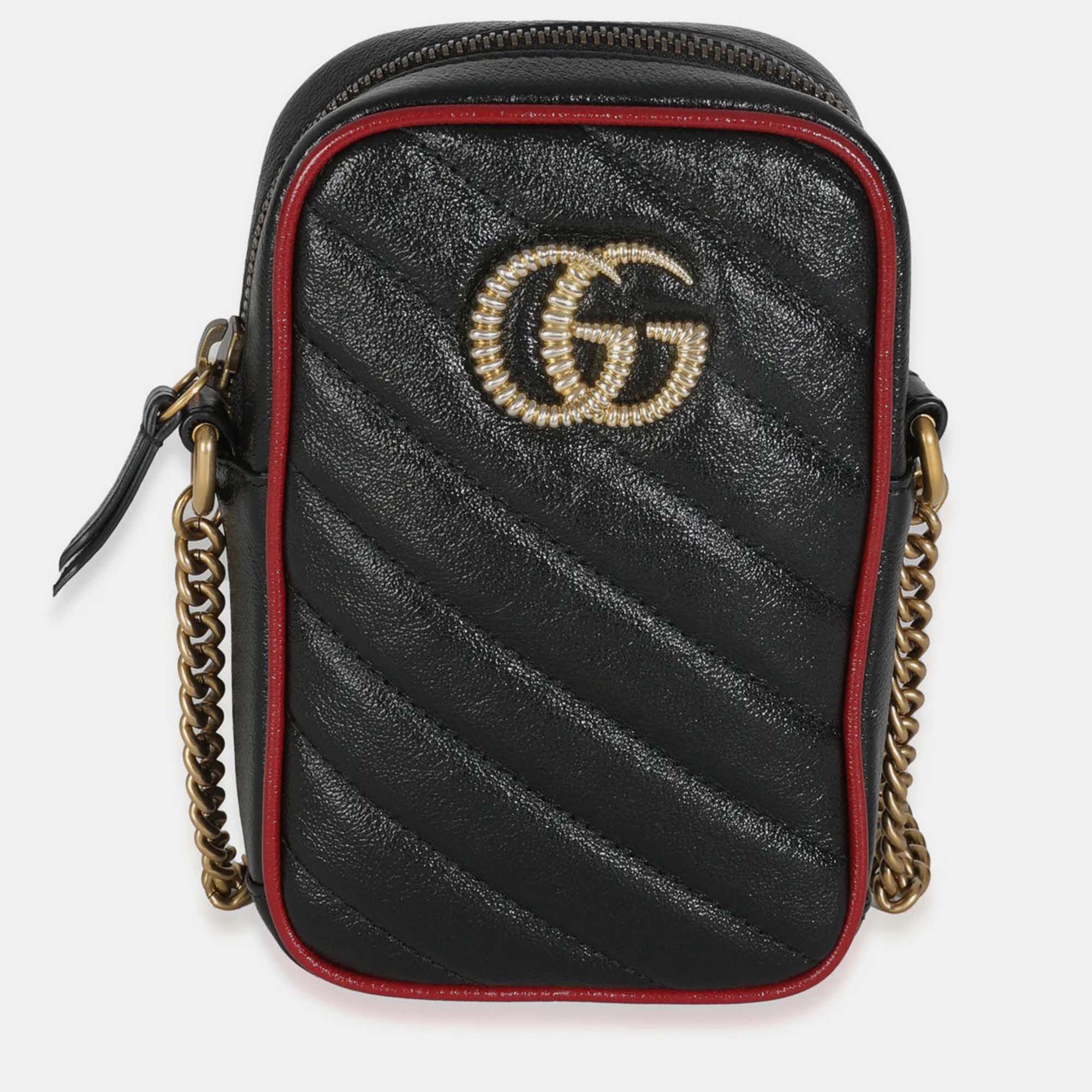 

Gucci Red/Black Calfskin Matelasse Mini GG Marmont Crossbody Bag
