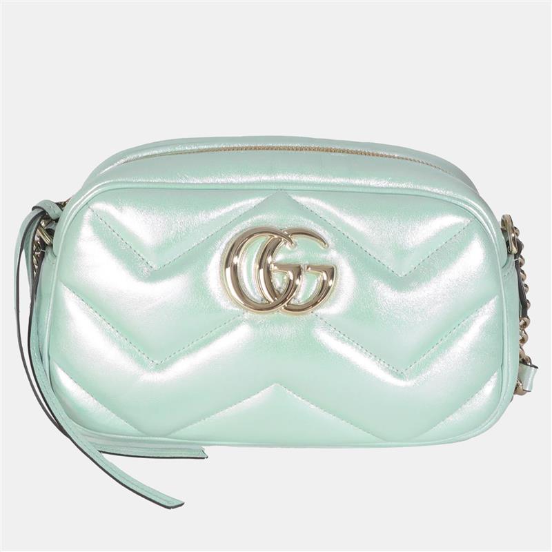 Pre-owned Gucci Salvy Green Iridescent Nappa Chevron Matelasse Small Gg Marmont Chain Bag