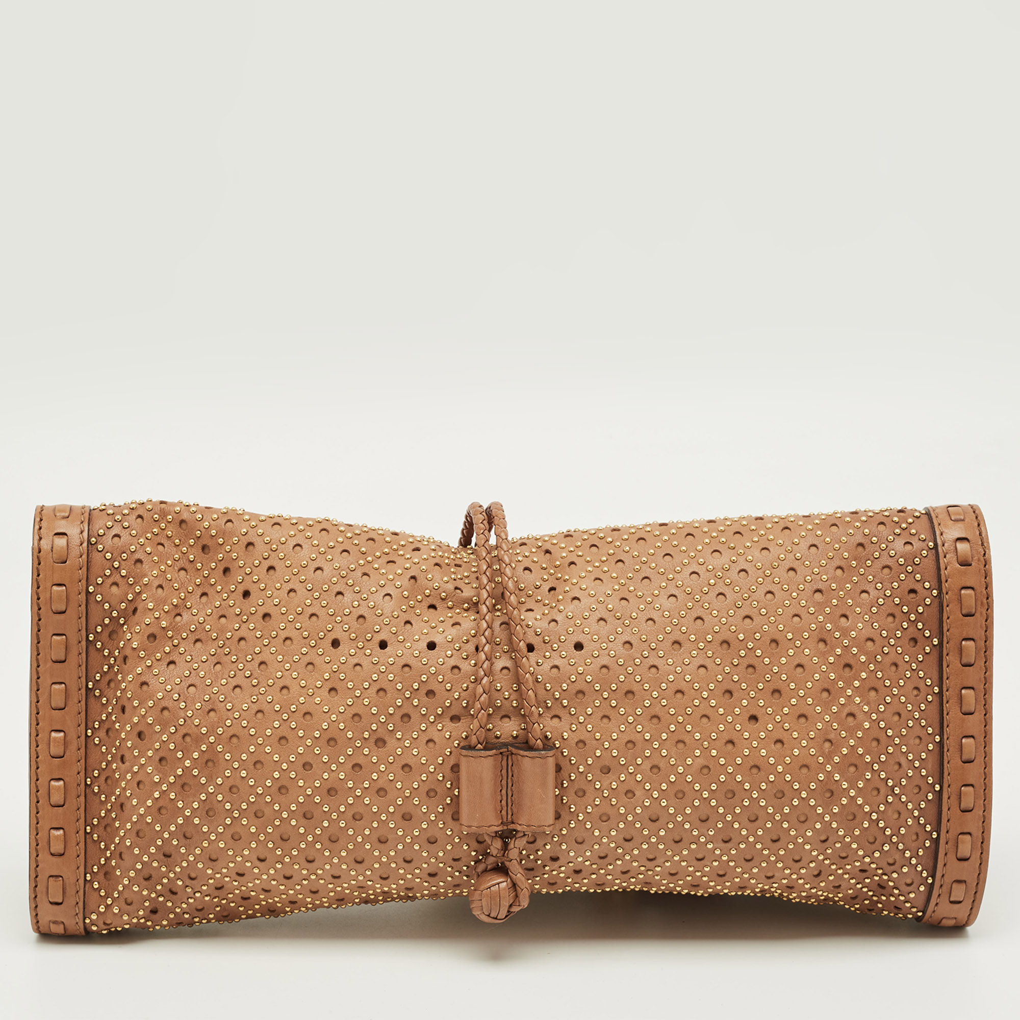 Pre-owned Gucci Brown Perforated Leather Malika Studded Clutch