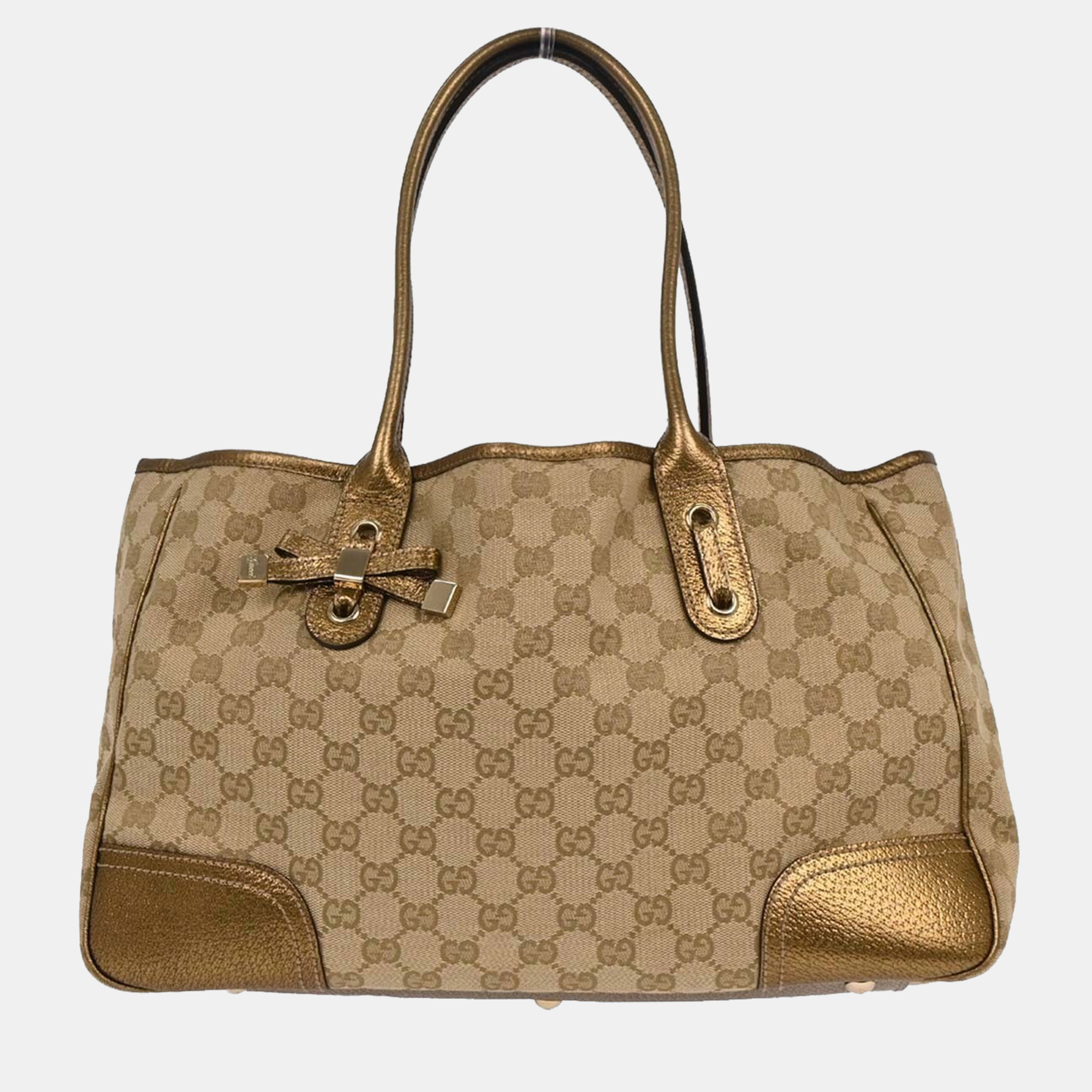 Pre-owned Gucci Beige Gold Gg Tote Bag In Sand