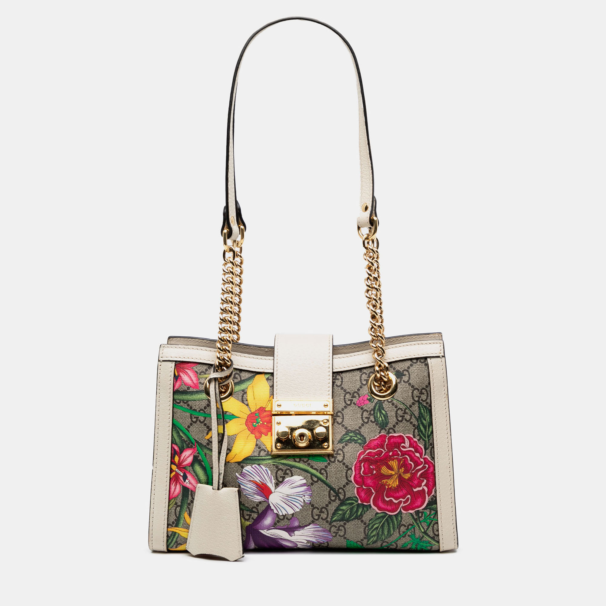 

Gucci Brown White Small GG Supreme Flora Padlock Tote