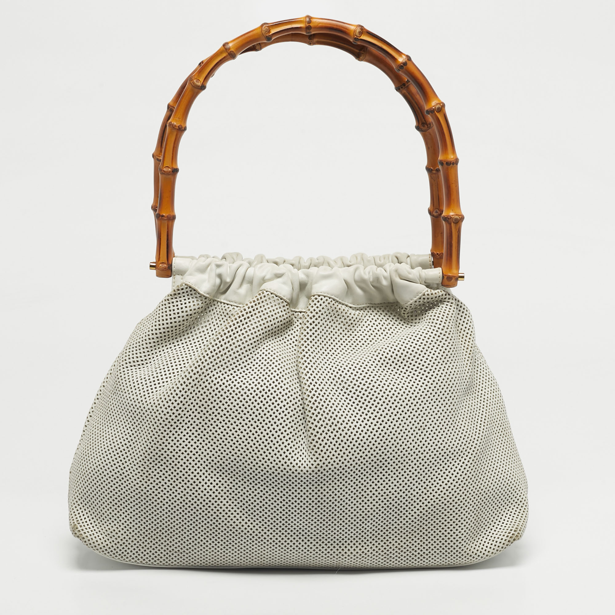 

Gucci White Perforated Leather Bamboo Handle Bag