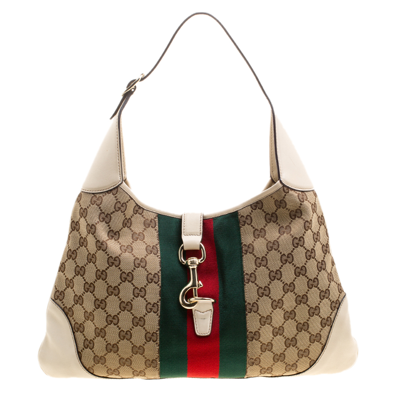 Pre Owned حقيبة هوبو غوتشي جاكي اوه ويب كانفاس GG بي ج / بيج فاتح متوسطة