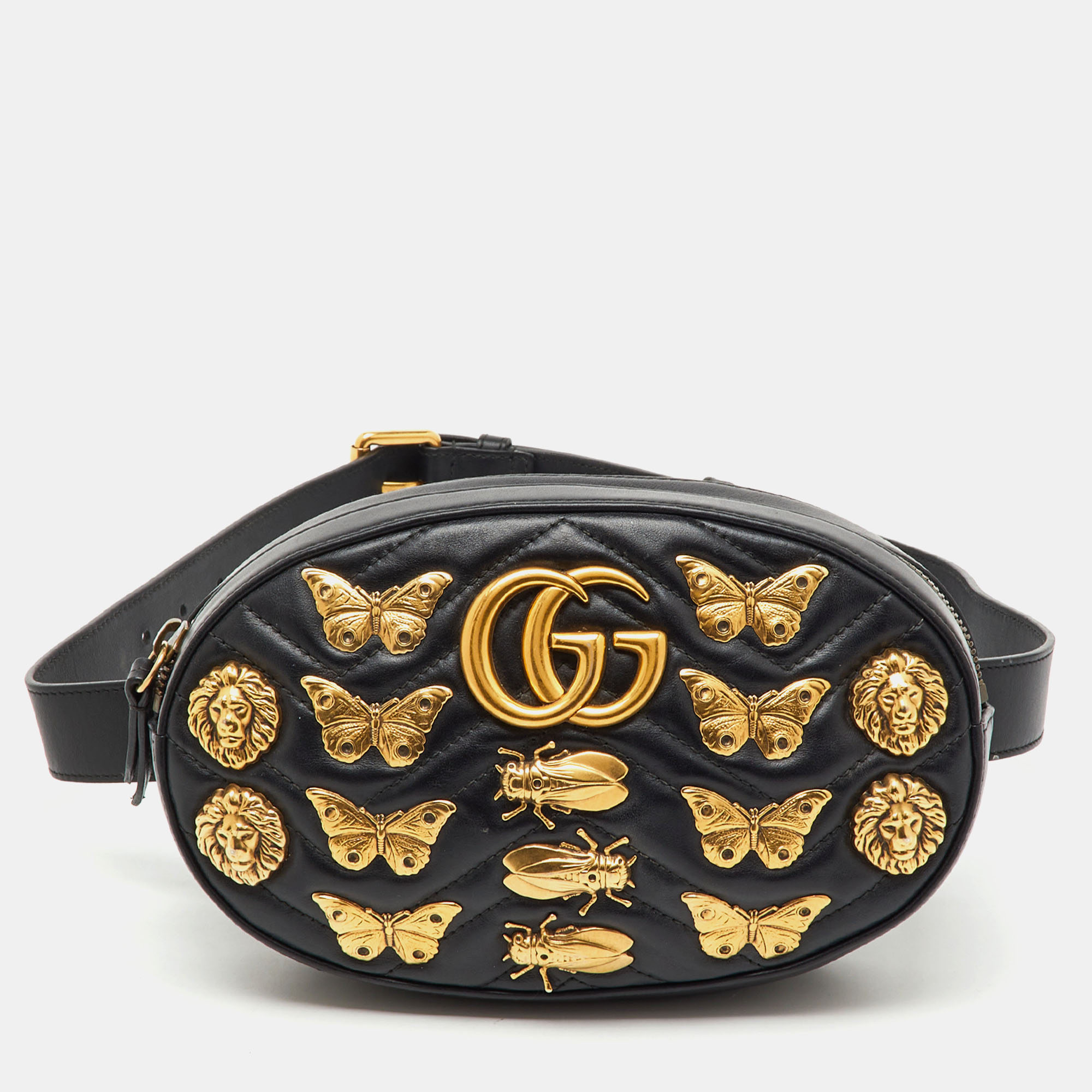 Pre-owned Gucci Black Leather Animal Studs Gg Marmont Belt Bag