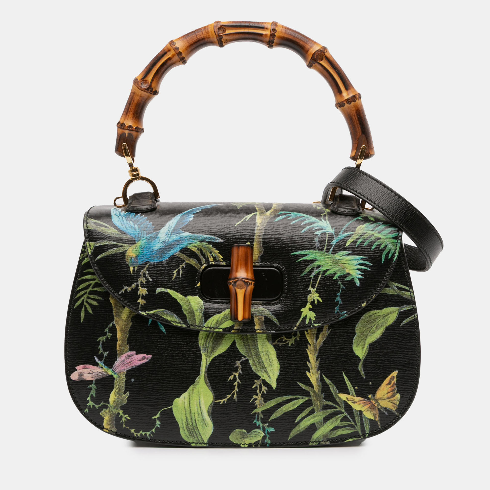 

Gucci Black Printed Calfskin Tropical Bamboo Night Satchel