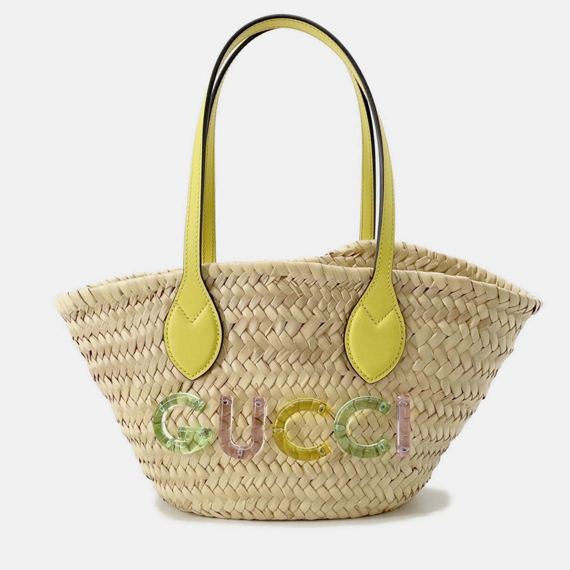 Gucci Logo Basket Bag Yellow/Natural Straw Leather
