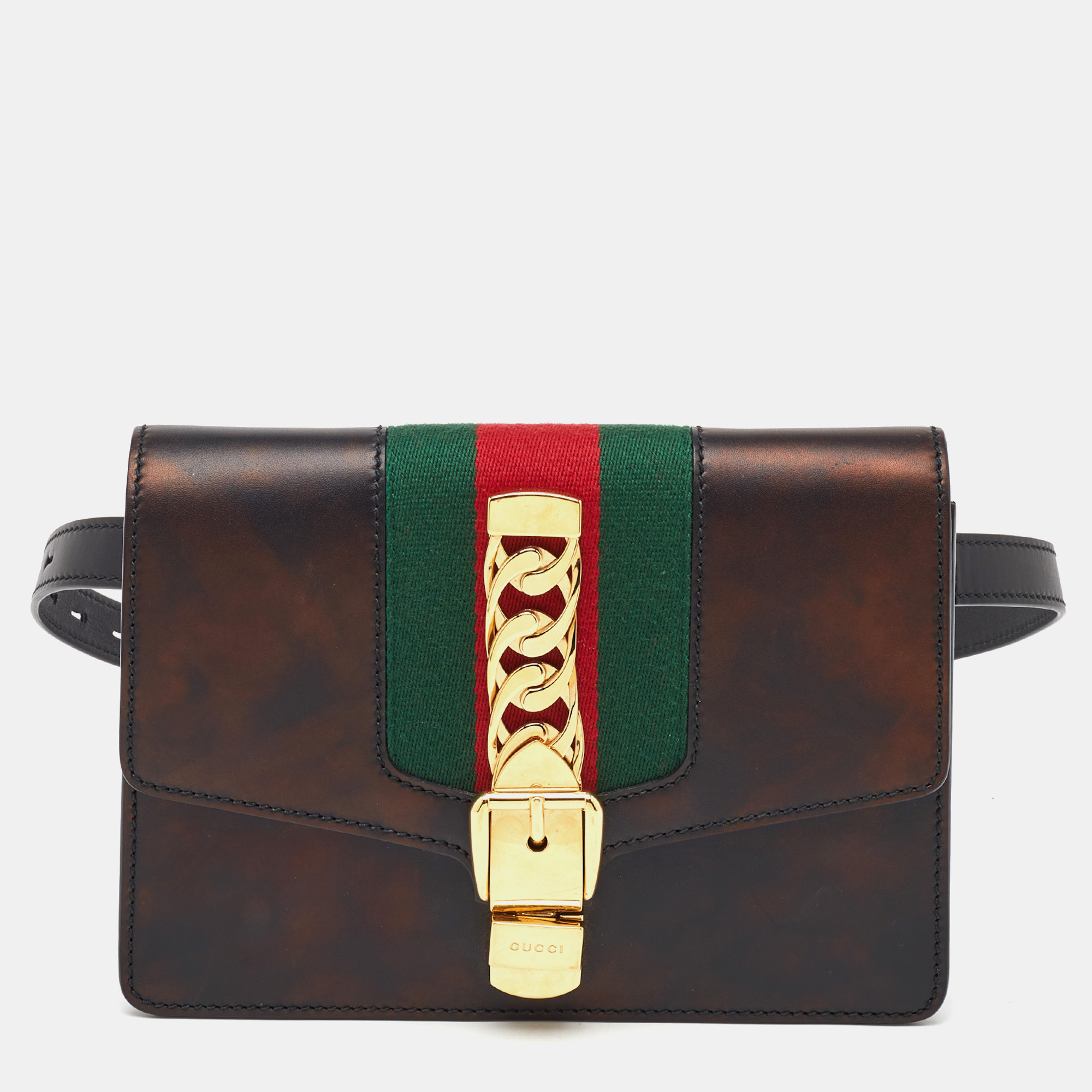 

Gucci Black Leather Web Chain Sylvie Belt Bag