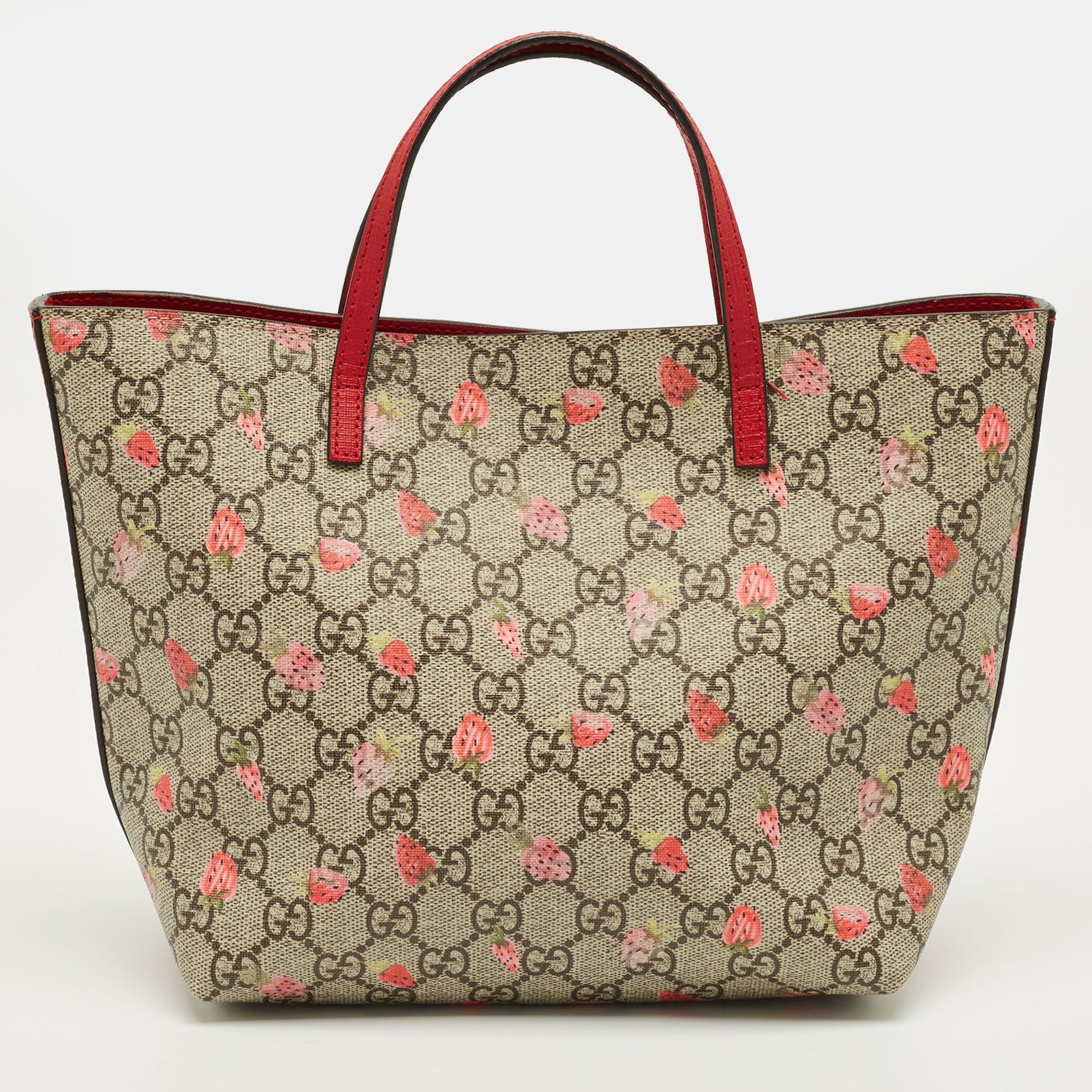 Pre-owned Gucci Red/beige Gg Supreme Canvas And Leather Girl's Ladybug Tote