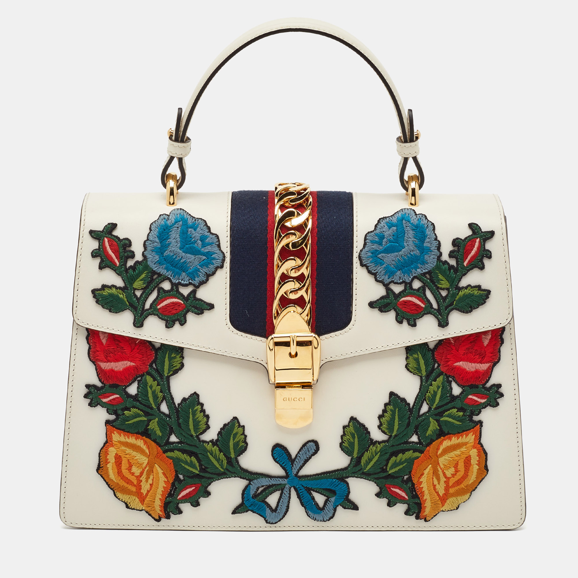 Gucci White Leather Floral Embroidered Medium Sylvie Top Handle Bag