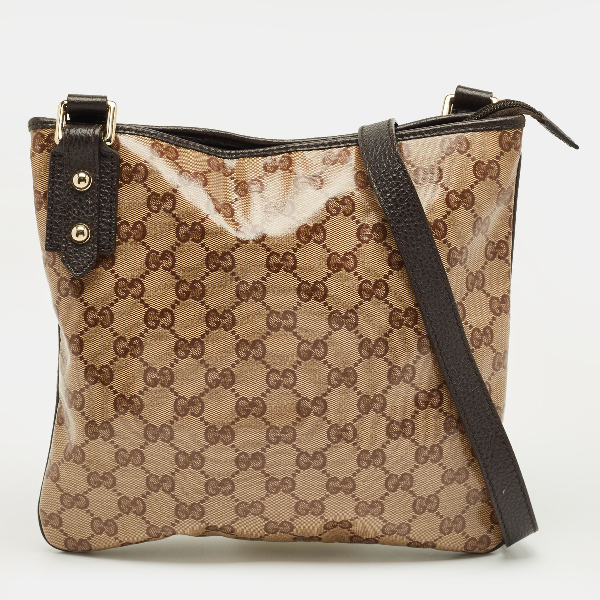 Pre-owned Gucci Beige/brown Gg Crystal Canvas And Leather Flat Messenger Bag In Sand